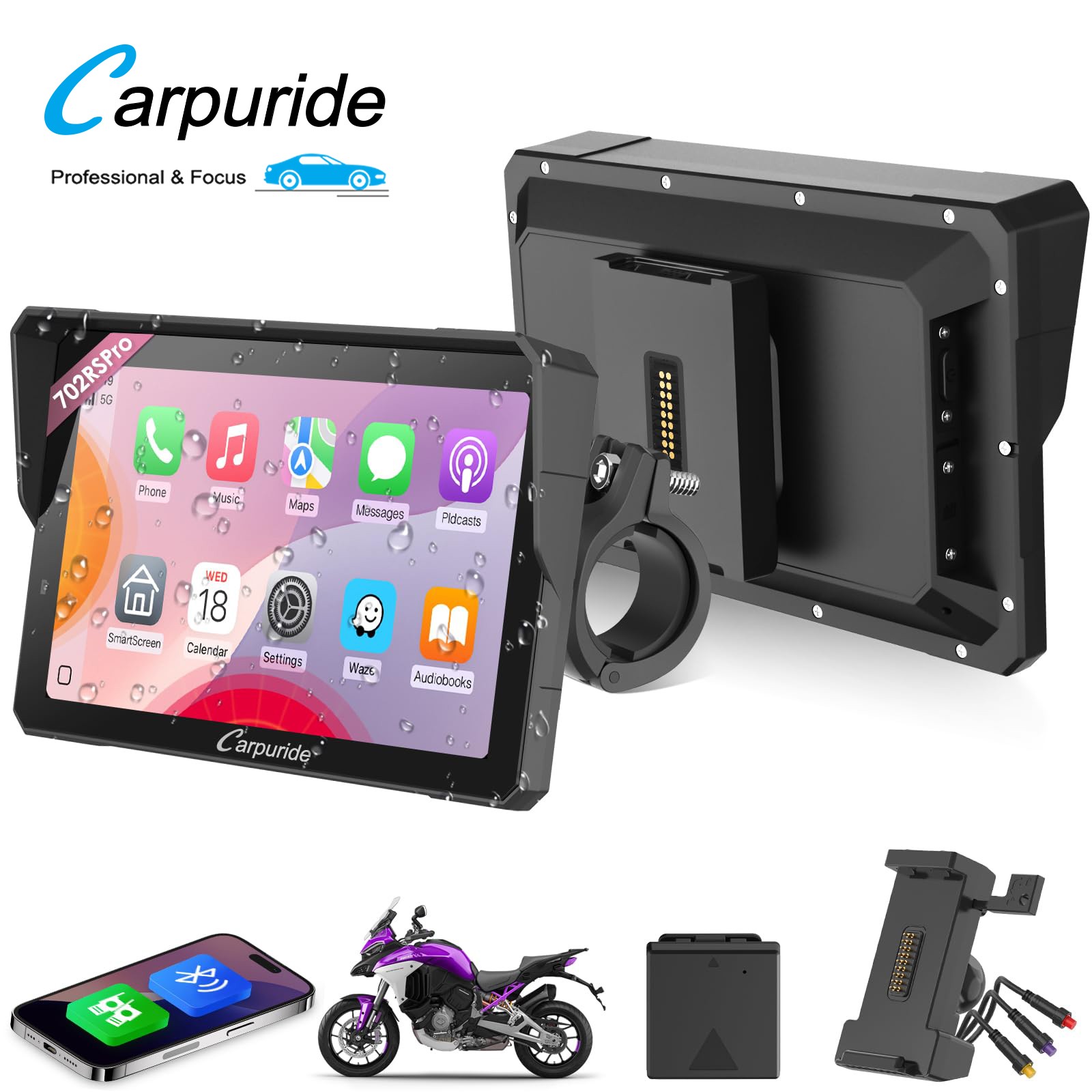 Carpuride W702RSPro Moto Radar BSD Carplay Screen Wired Controller Navi GPS BM05
