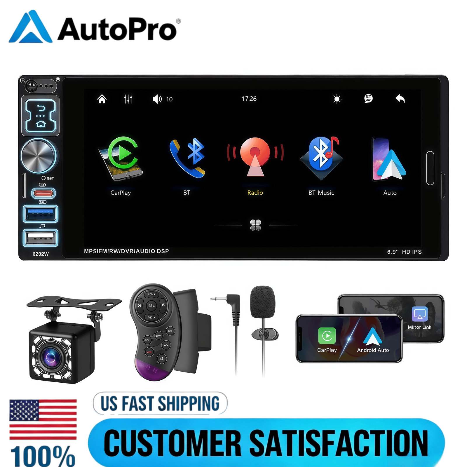 6.9″ Single Din Car Stereo Wireless CarPlay touchscreen Bluetooth Radio USB CAM
