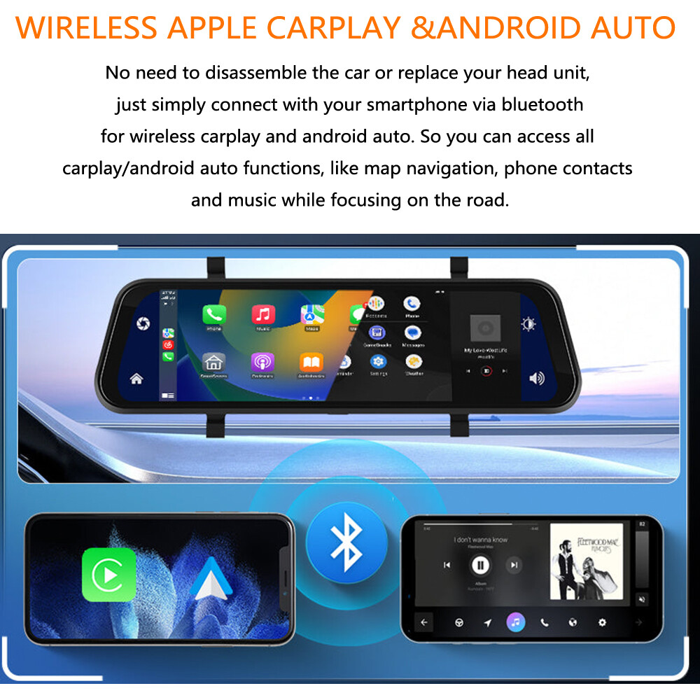 Portable 9.66″Dash Cam Mirror Link Wireless CarPlay Android Auto GPS Dual Camera