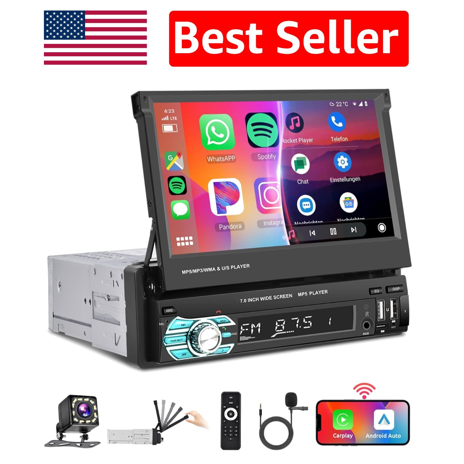 Multi-Function 7 Inch Wireless CarPlay Car Radio with Bluetooth & Voice Control