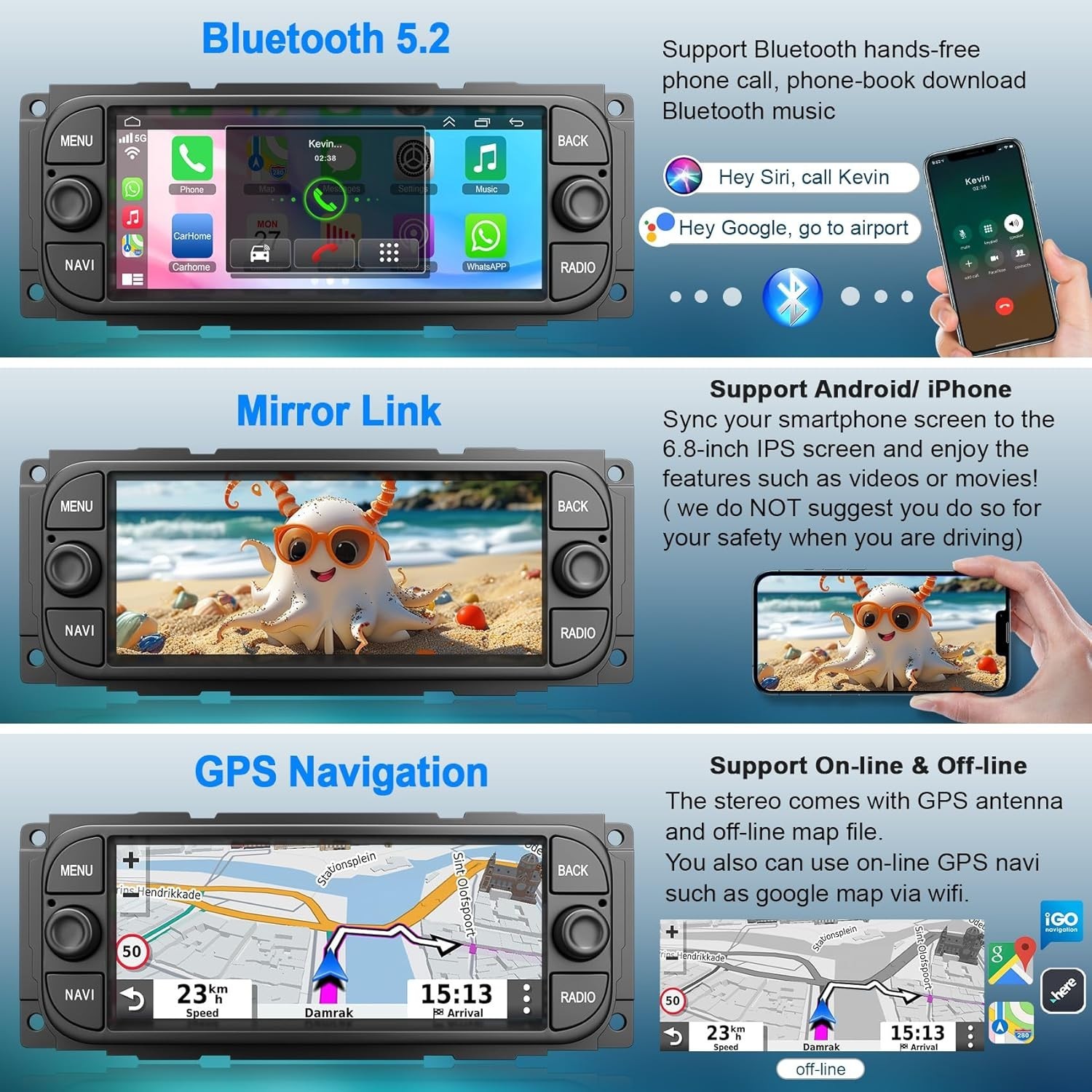 6.8″ 8Core 4+64G Android Auto Carplay 2001-2007 Dodge RAM Jeep Wrangler Chrysler