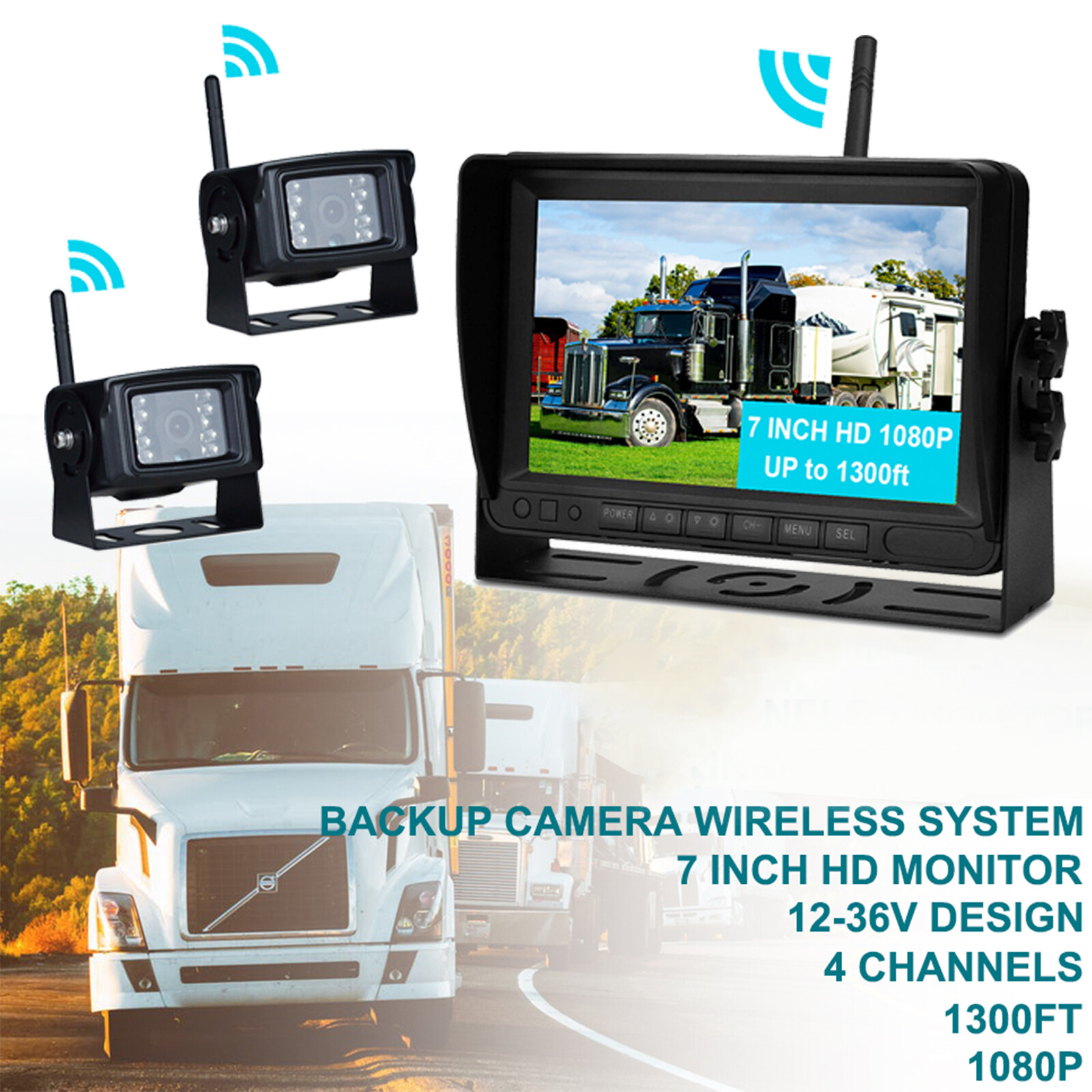 7″ Display Wireless AHD 1080P 2CH Rear View Backup Camera for Truck Trailer US