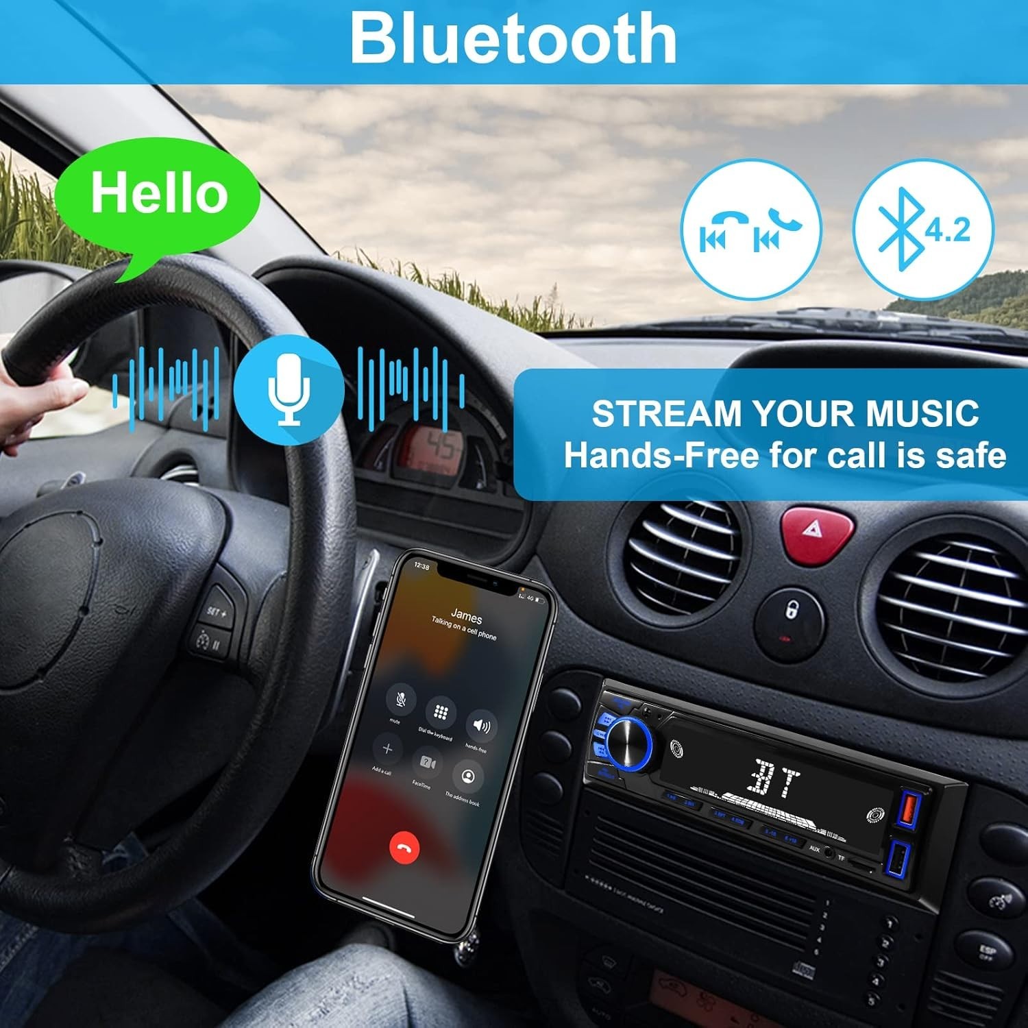 Sleek Single DIN Car Stereo: Bluetooth Connectivity and Quick Charge Support