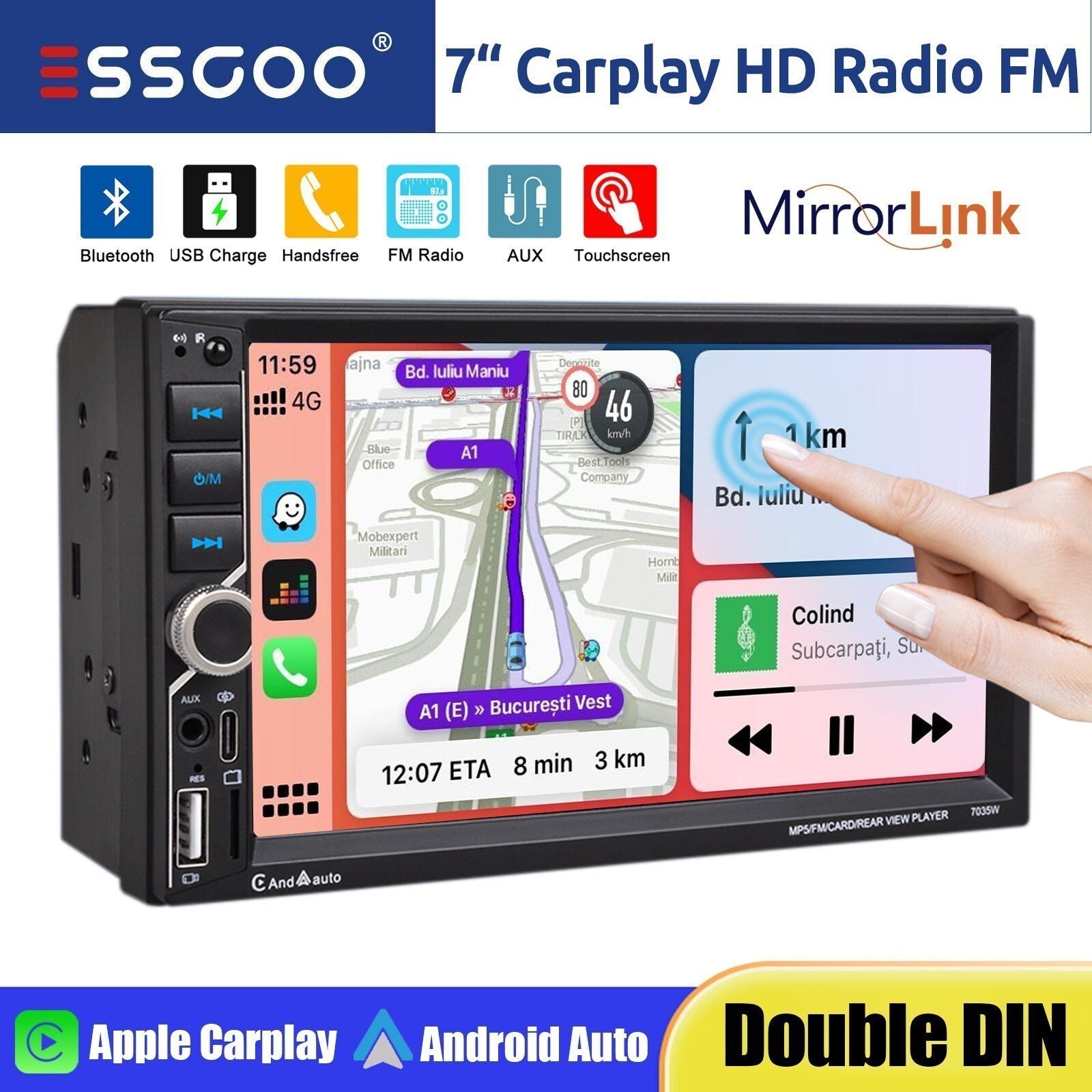 7″ Double DIN Car Stereo Apple CarPlay/Android Auto USB AUX TF Type-C DVR Player