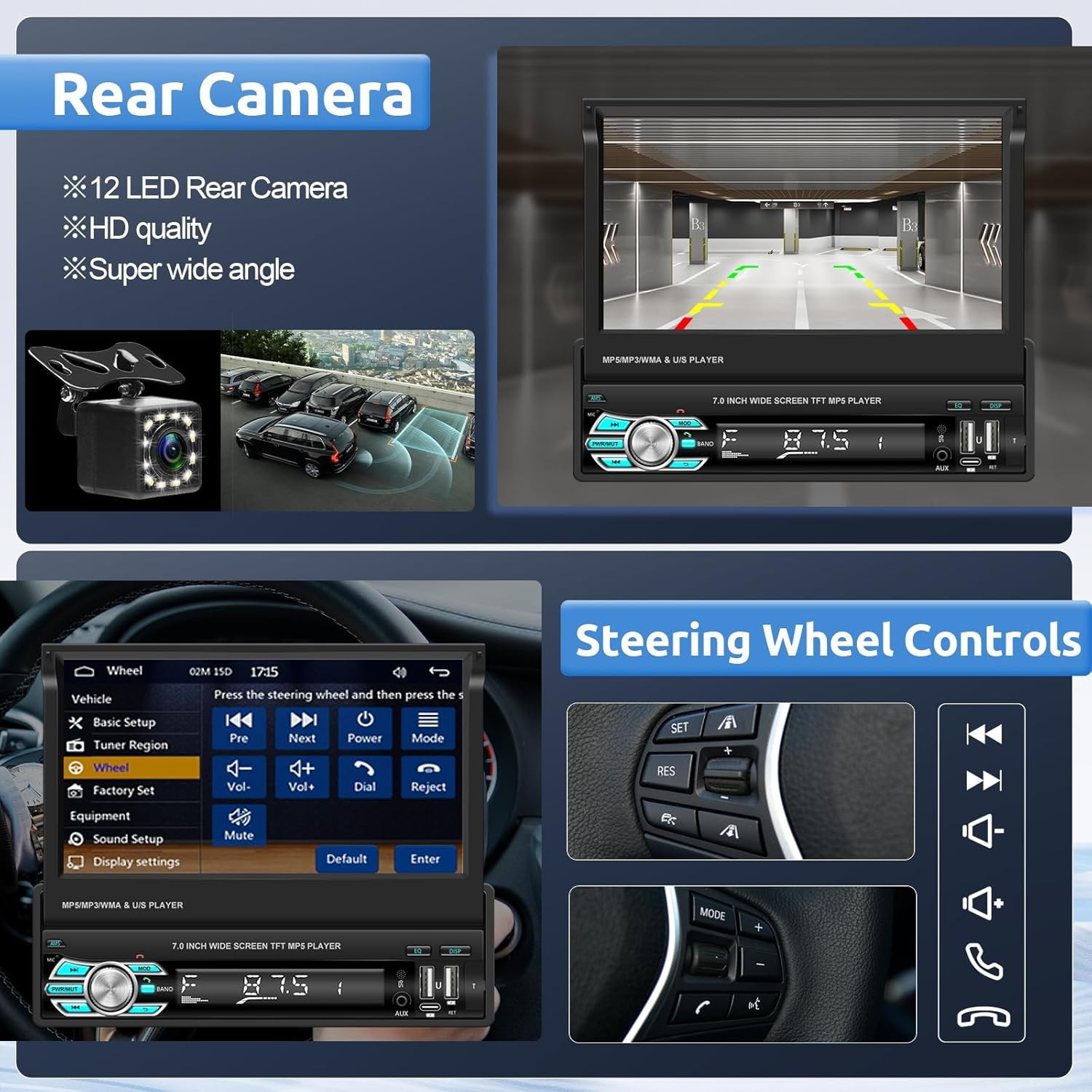 Single 1DIN Car Radio Stereo Touch Screen BT Flip out MP5 Player Carplay +Camera