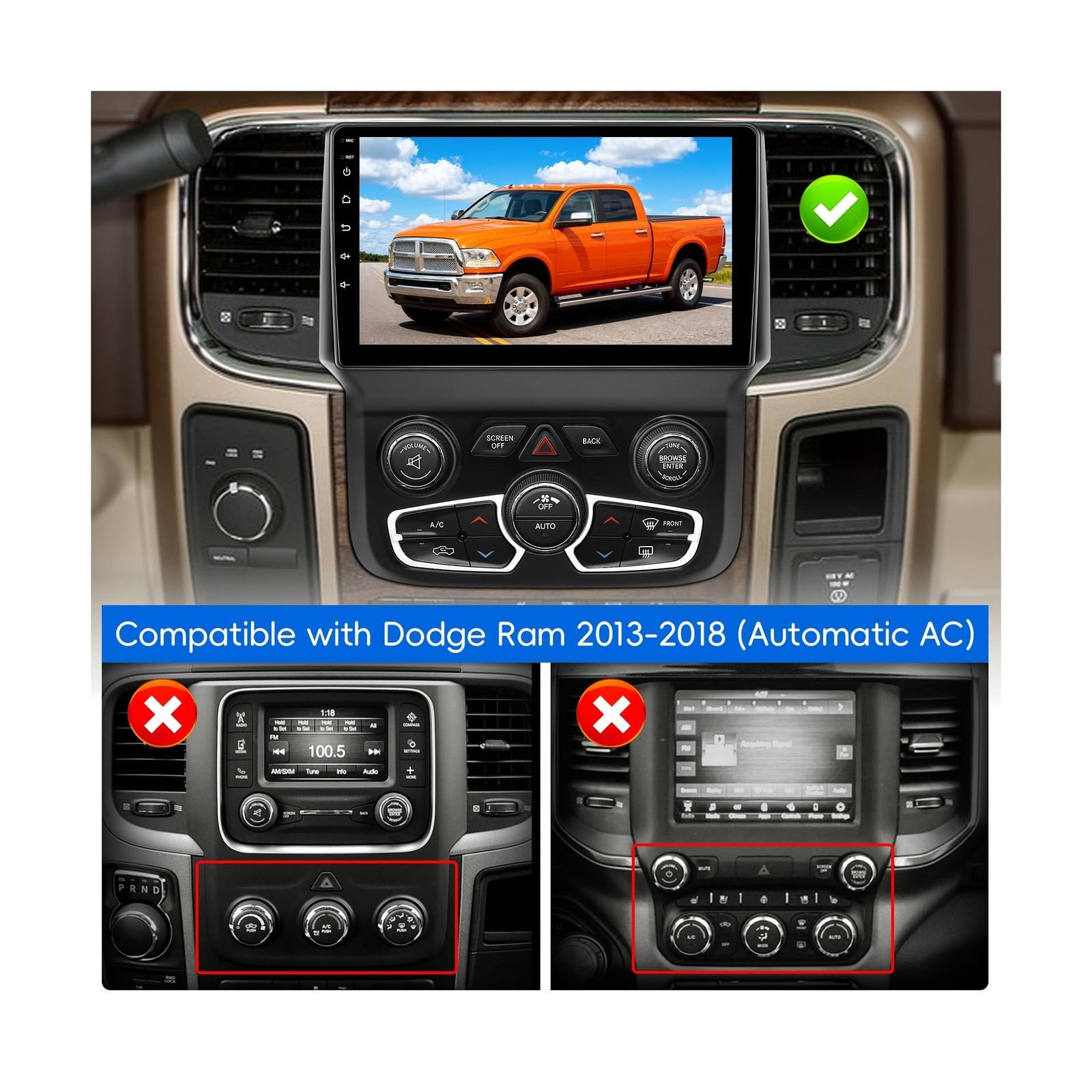 Car Radio Stereo for Dodge RAM 1500 2500 3500 2013-2018 Automatic AC,2+64G An…