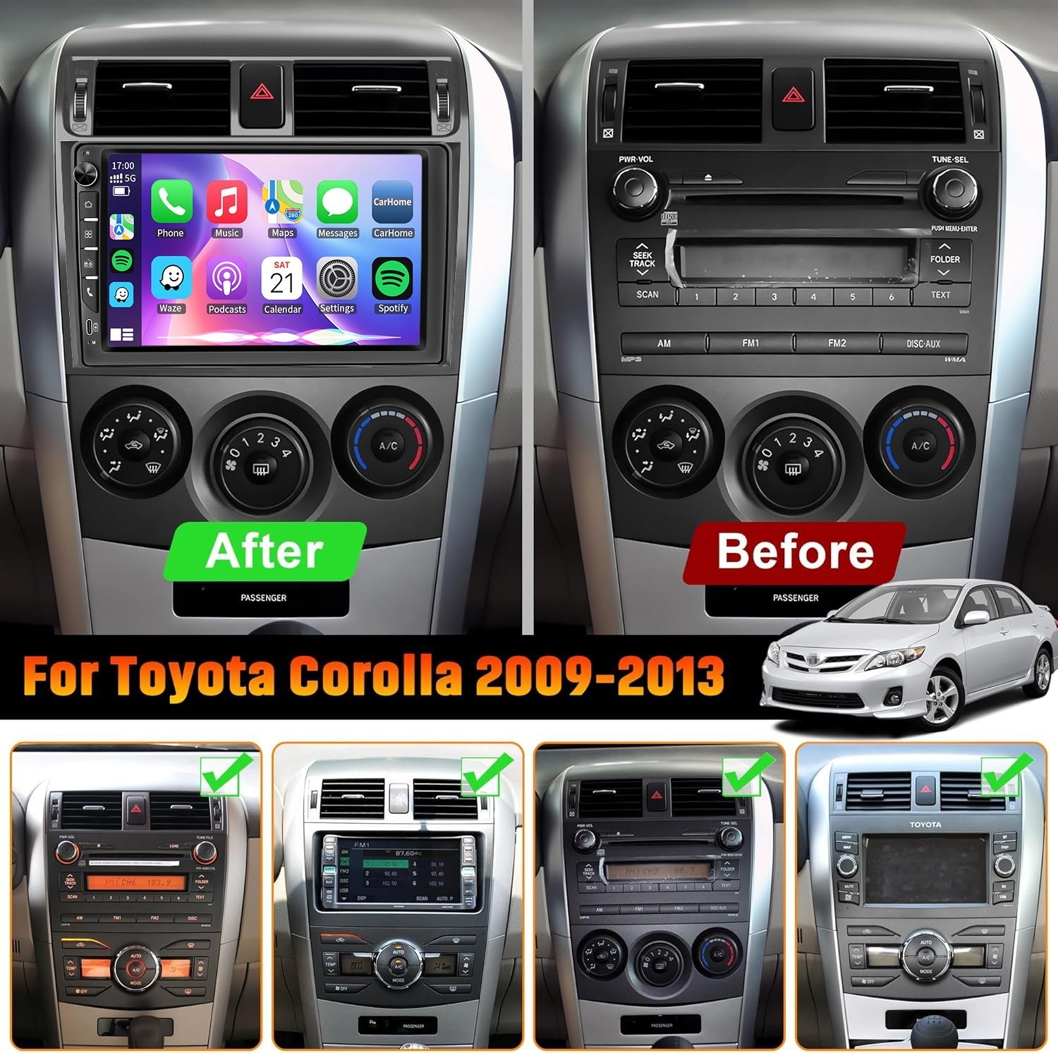 Car Stereo Radio Wireless Carplay For Toyota Corolla 2009 2010 2011 2012 2013