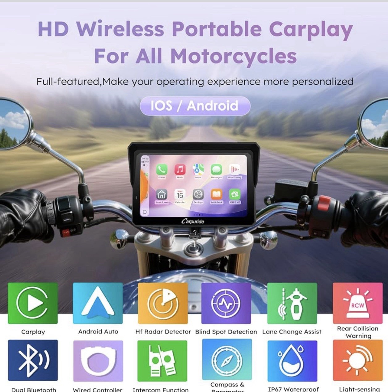 W702RS PRO Motorcycle GPS Wireless Carplay/Android Auto/Radar BSD, 7.02 inch