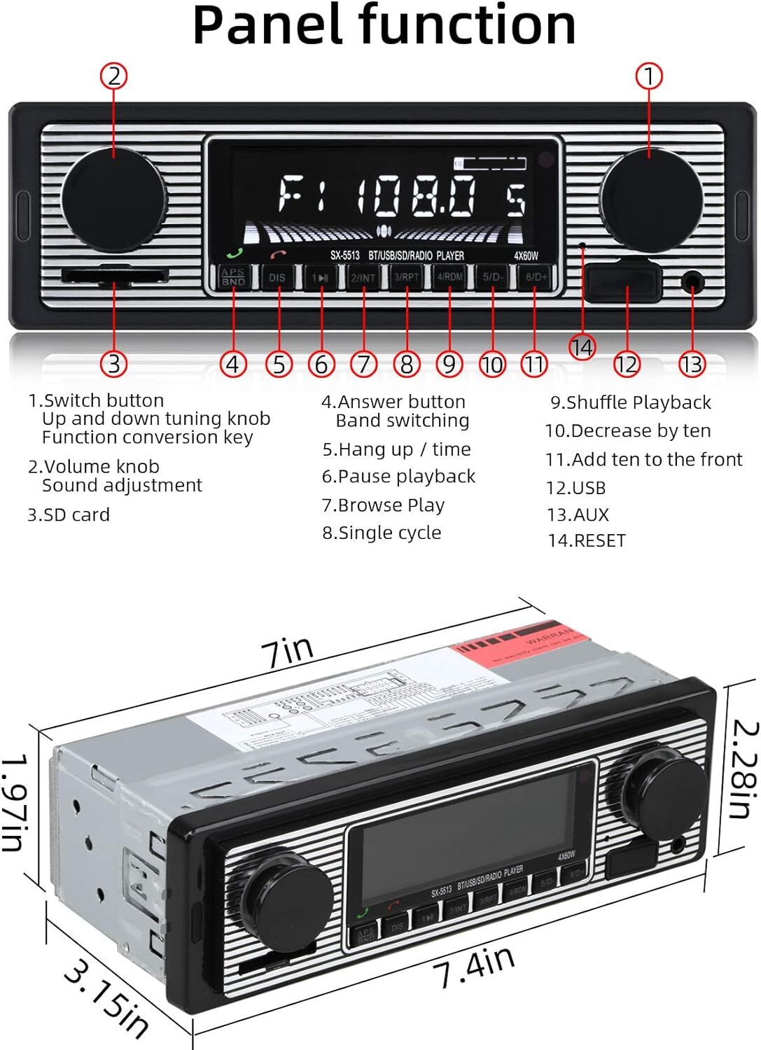Bluetooth Vintage Car FM Radio MP3 Player USB Classic Stereo Audio Receiver AUX
