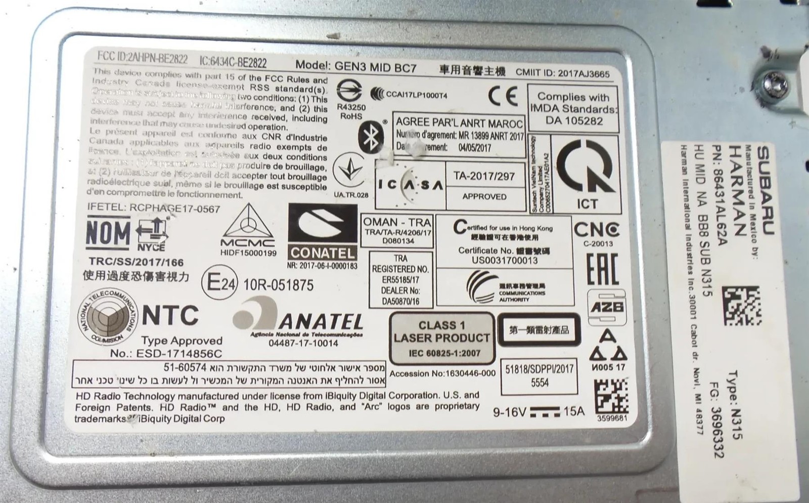2015-2019 Subaru Legacy Outback OEM Starlink Multimedia GEN3 MID BC7