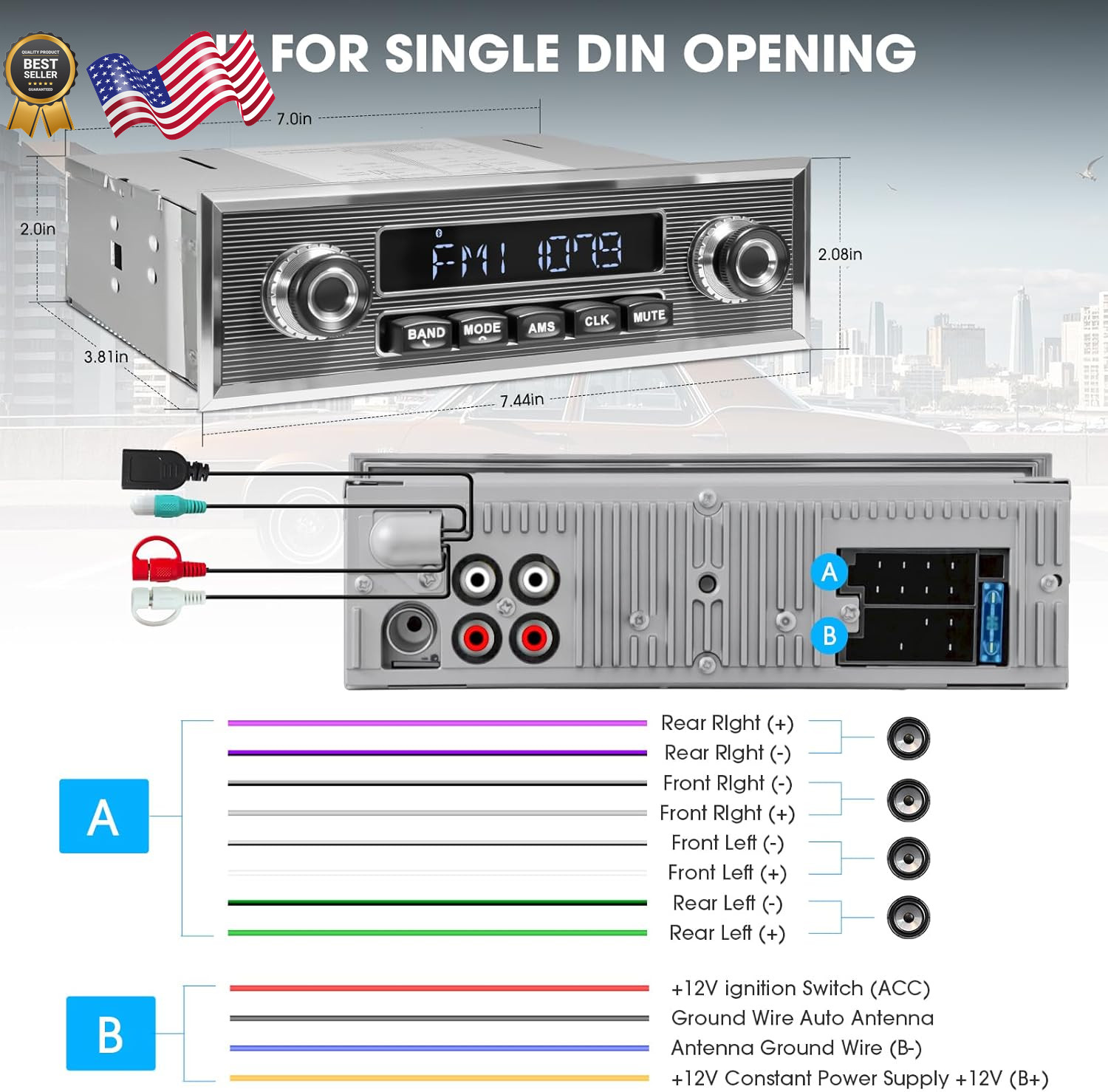 Bluetooth Retro Radio for Classic Vehicles: Single Din Vintage Stereo for Car