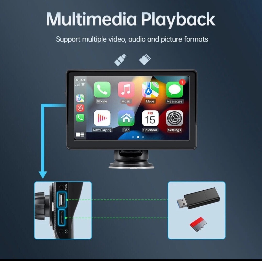 7” Portable Car Stereo Radio Wireless Apple CarPlay Android Auto Backup Camera