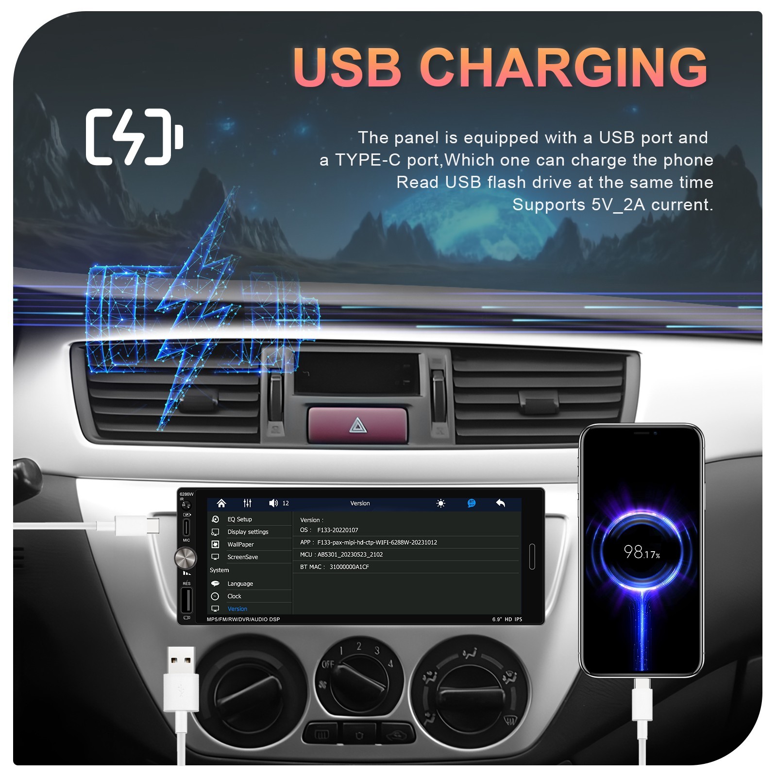 Single 1 Din Car Stereo Wireless CarPlay 6.8″ Touchscreen Bluetooth Radio FM USB