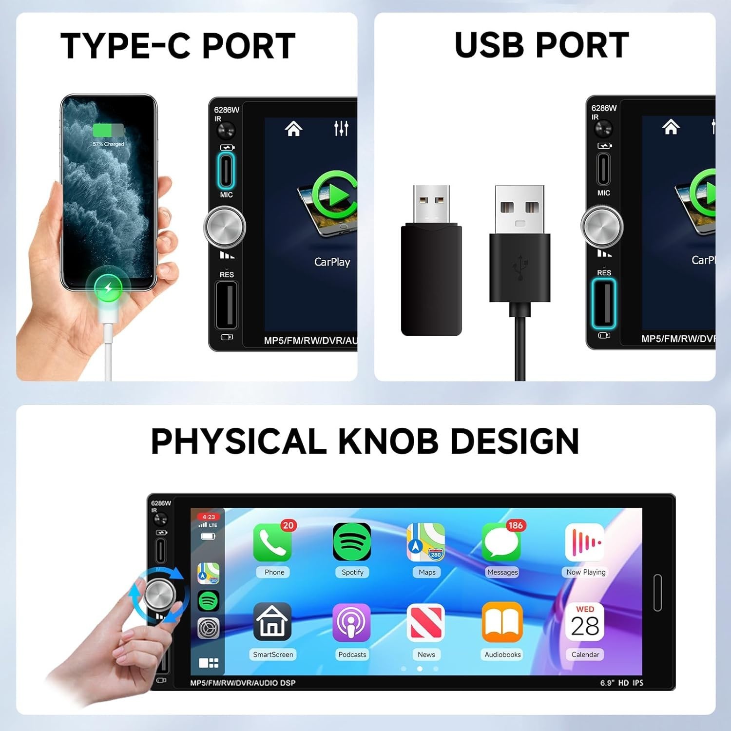 6.9” Single Din Car Stereo with Wireless CarPlay Android Auto, 1280 * 480 HD…