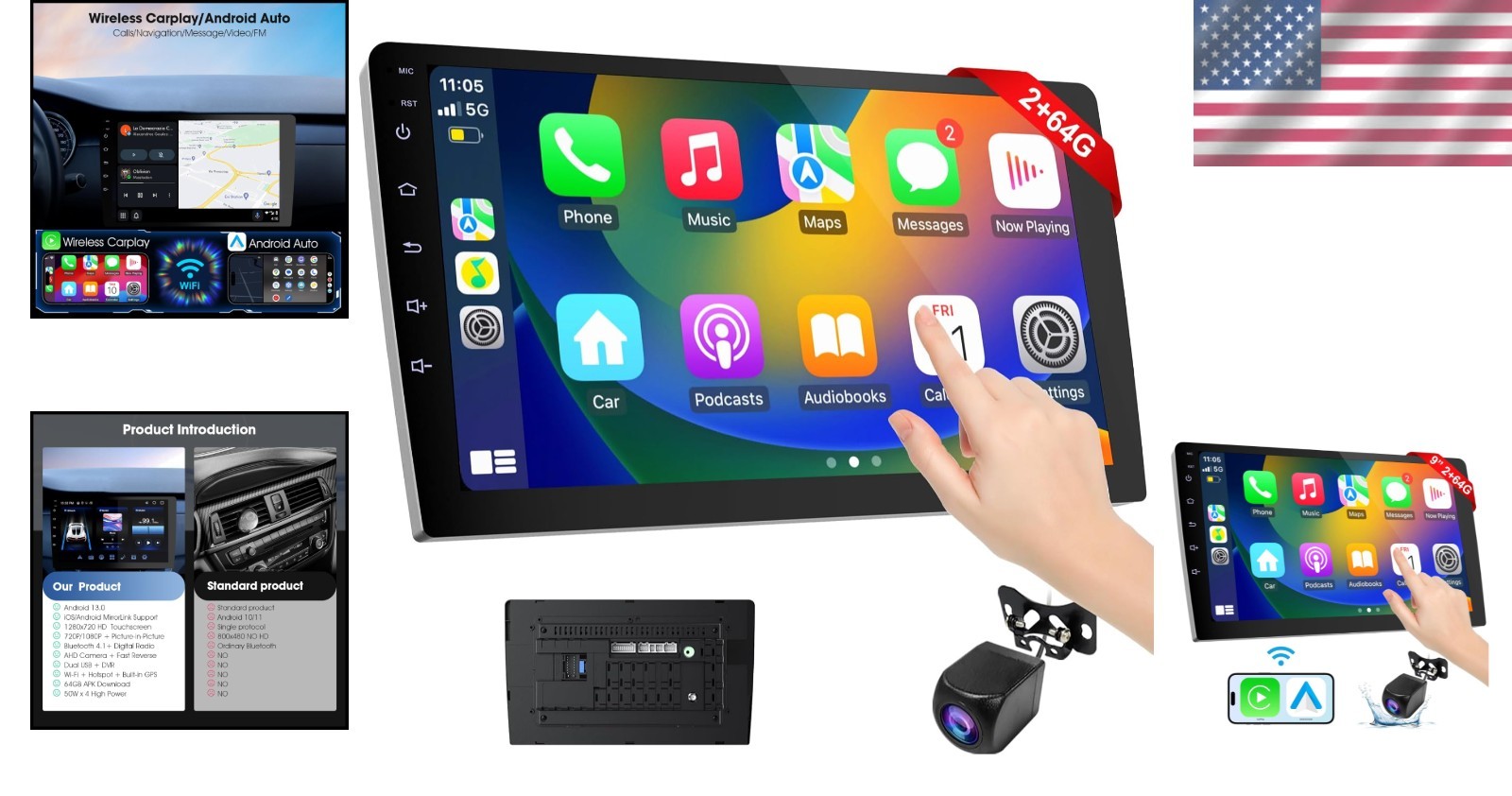All-in-One 9” Carplay Screen with Wireless Android Auto & Backup Safety Camera