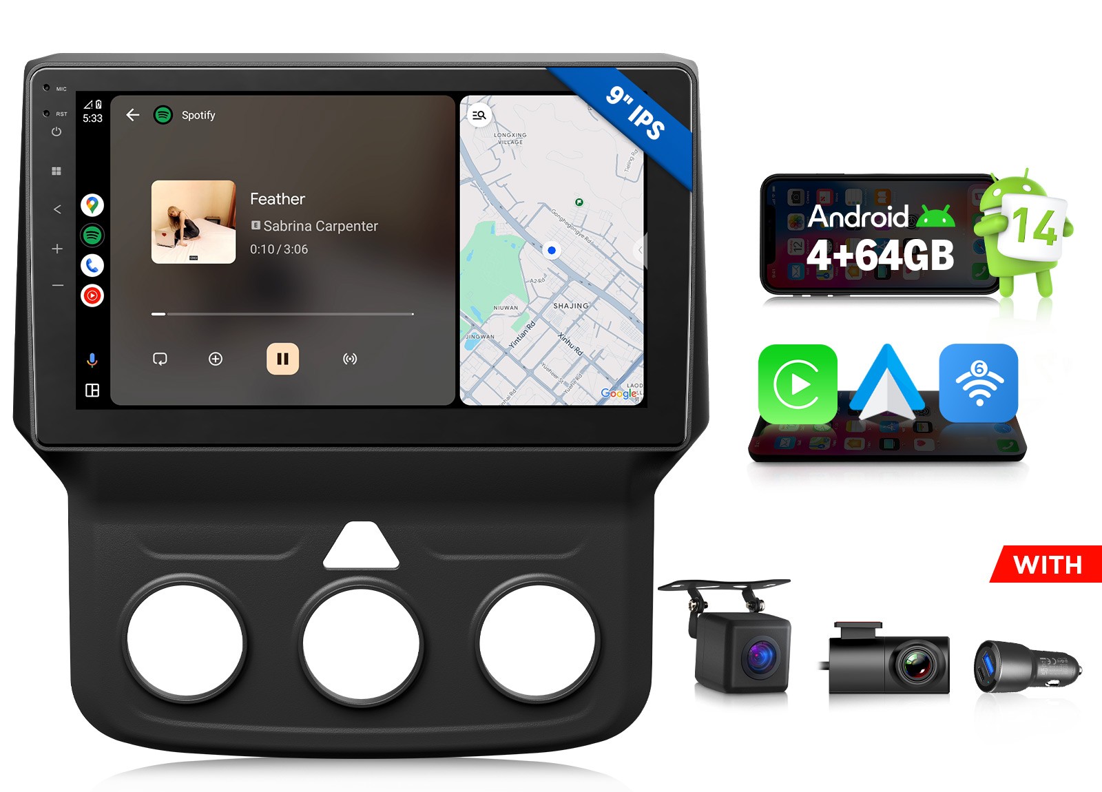 For 2013-2018 Ram 3500 9″Android Auto 4+64 Car Stereo Apple CarPlay Touch Screen