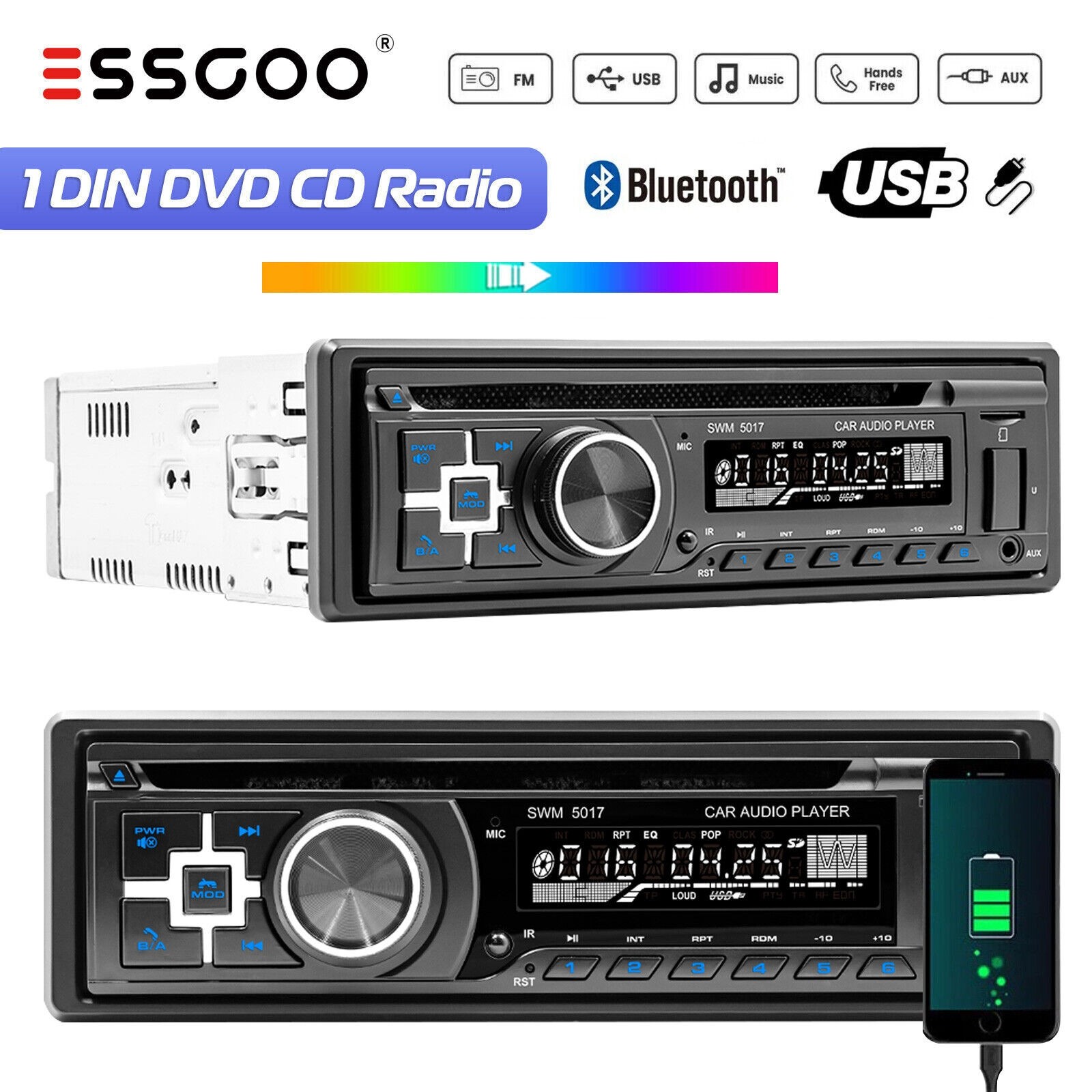 ESSGOO DVD CD Car Stereo Radio MP3 Player Bluetooth FM USB Head Unit AUX In-dash
