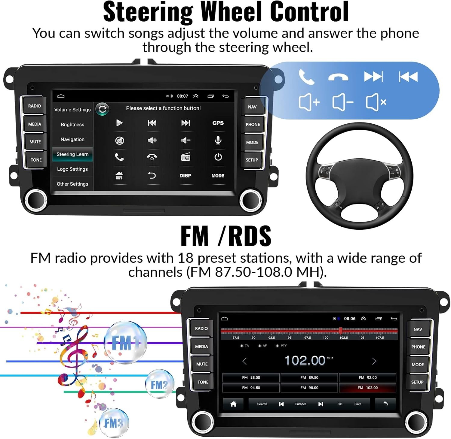 Android Car Stereo 2G+64G Touchscreen GPS Bluetooth WiFi Backup Camera for VW