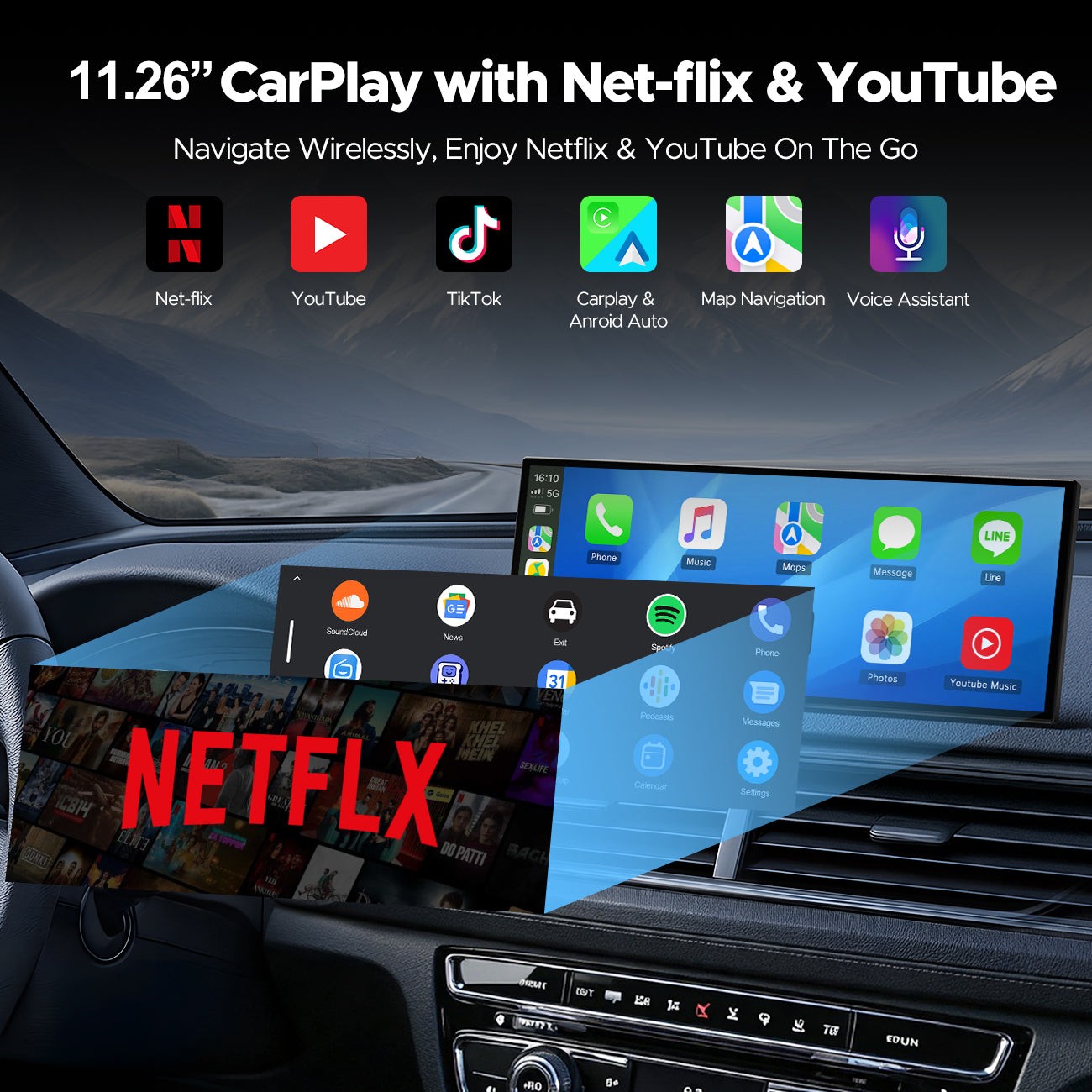 11.26″ Portable Car Stereo Radio Wireless Carplay Screen with Net-flix YouTube