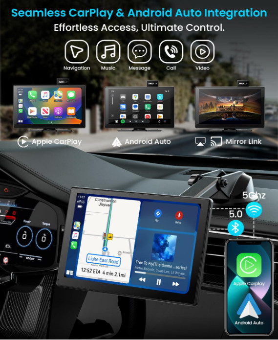 Pantalla CarPlay de 9″ con Android Auto, Cámara 4K y Cámara Trasera 1080P. Nuevo