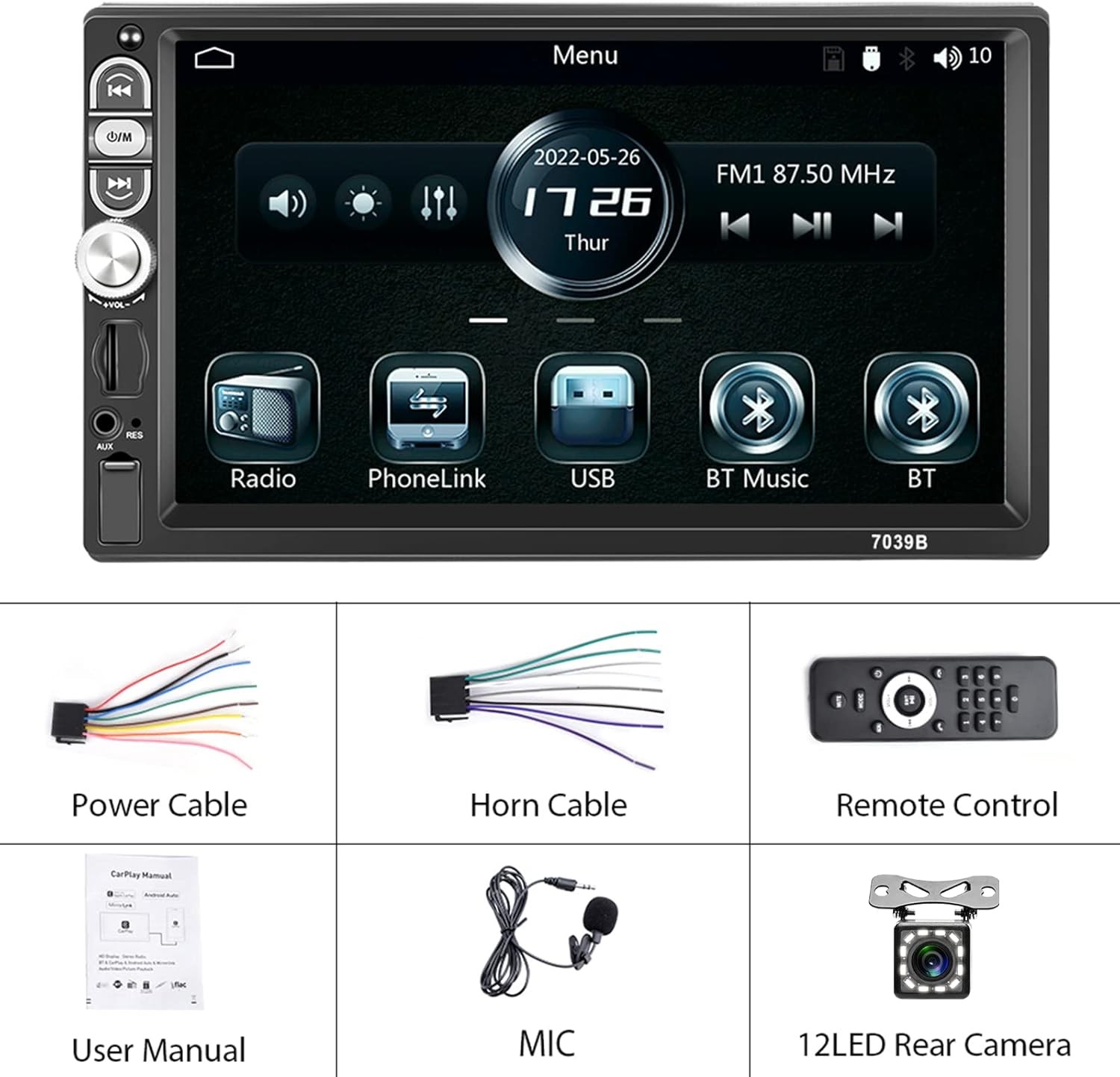 7″ Single 1 Din Touch Screen Car Stereo Bluetooth Radio Apple/Android Carplay BT