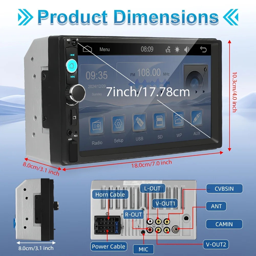 7″ 2DIN Car Radio Stereo CD DVD Player Bluetooth Touchscreen AUX USB MP5 + CAM