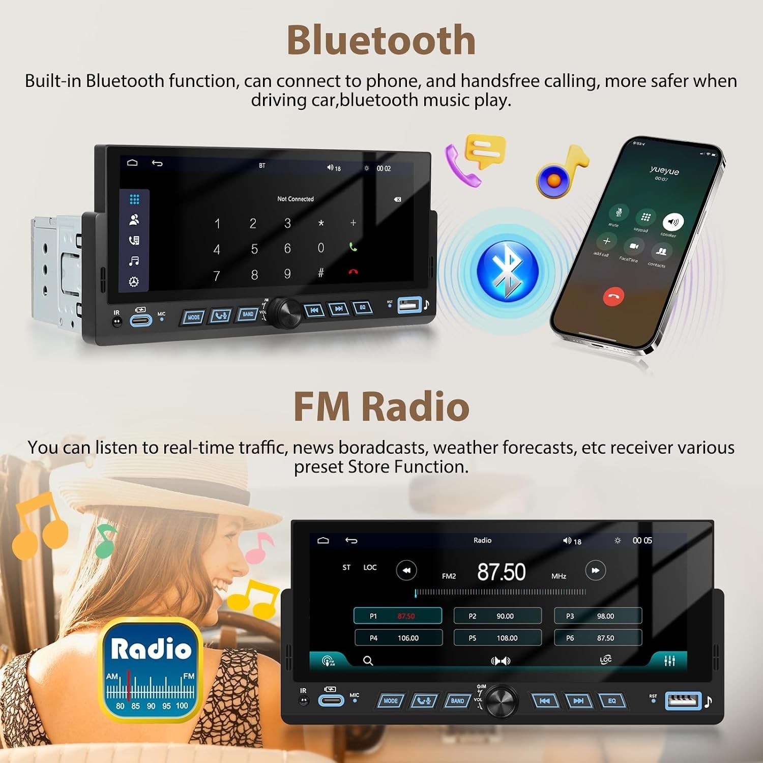 6.86″ Android CarPlay Stereo, Single Din Car Radio with Android Auto, HD Touc…