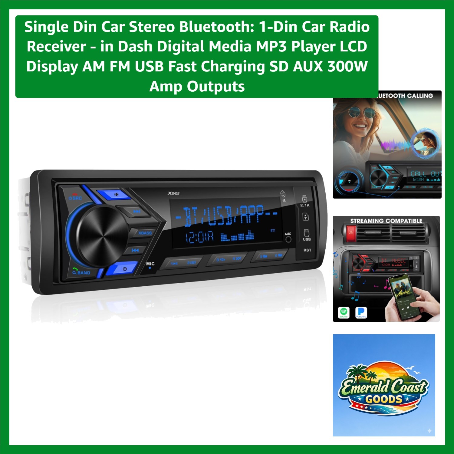 Single Din Bluetooth Car Stereo Receiver with HD LCD Display & USB Fast Charging