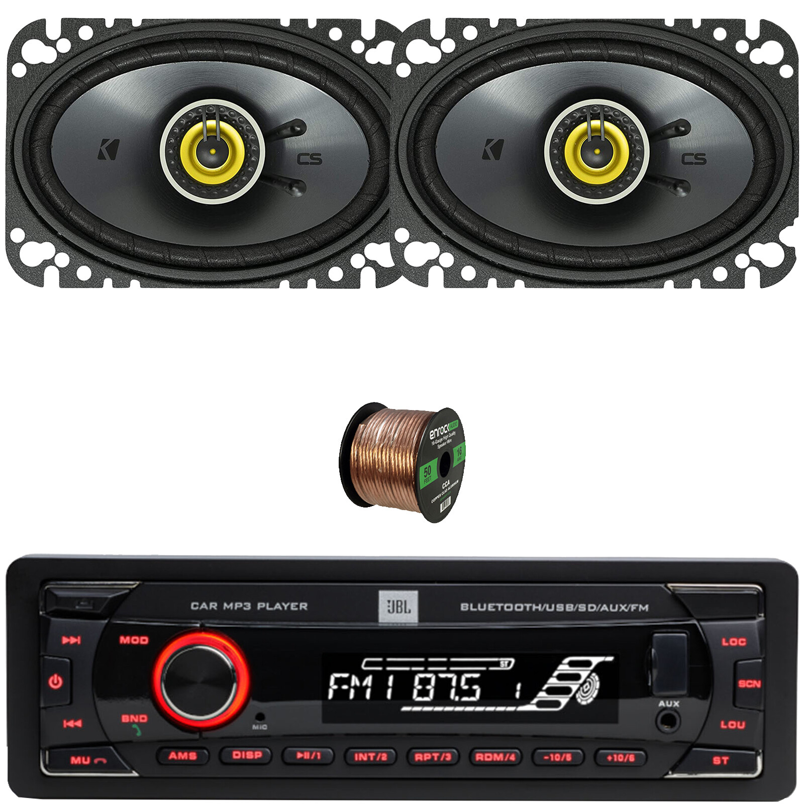 JBL Celebrity100 1-DIN Bluetooth Receiver, 4×6″ 150W Coaxial Speakers (Pair)