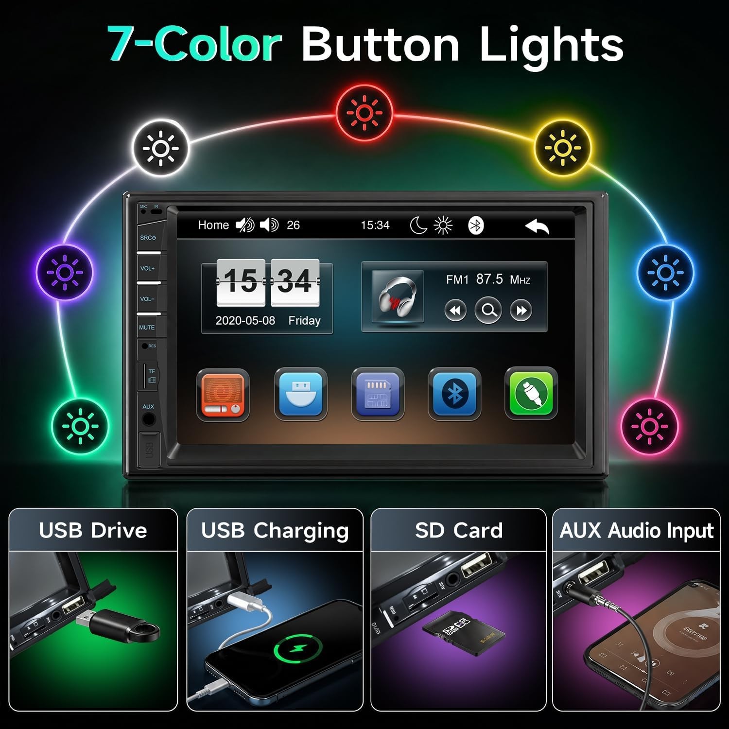 Advanced Double Din Car Radio 7-Inch Touchscreen with FM, USB & Mirror Link