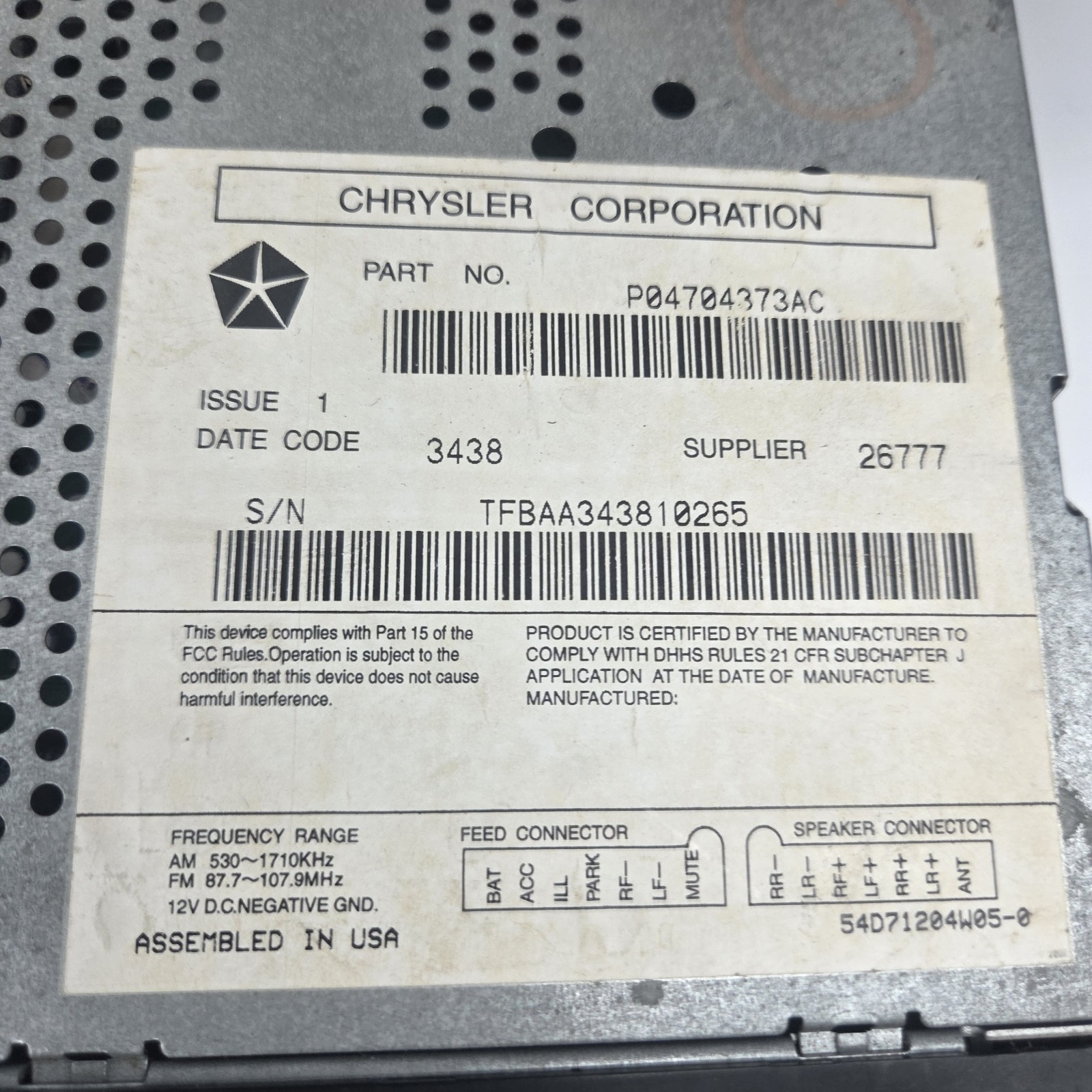 Chrysler Jeep Dodge Radio CD Player P04704373AC AM FM Stereo