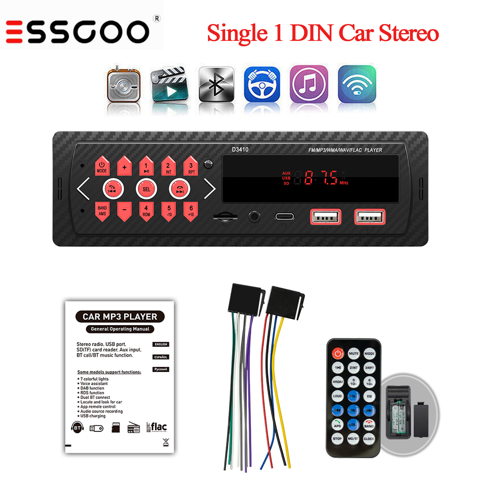 Single 1 DIN Car Stereo Audio Bluetooth FM MP3 Player BT AUX USB Head Unit Radio
