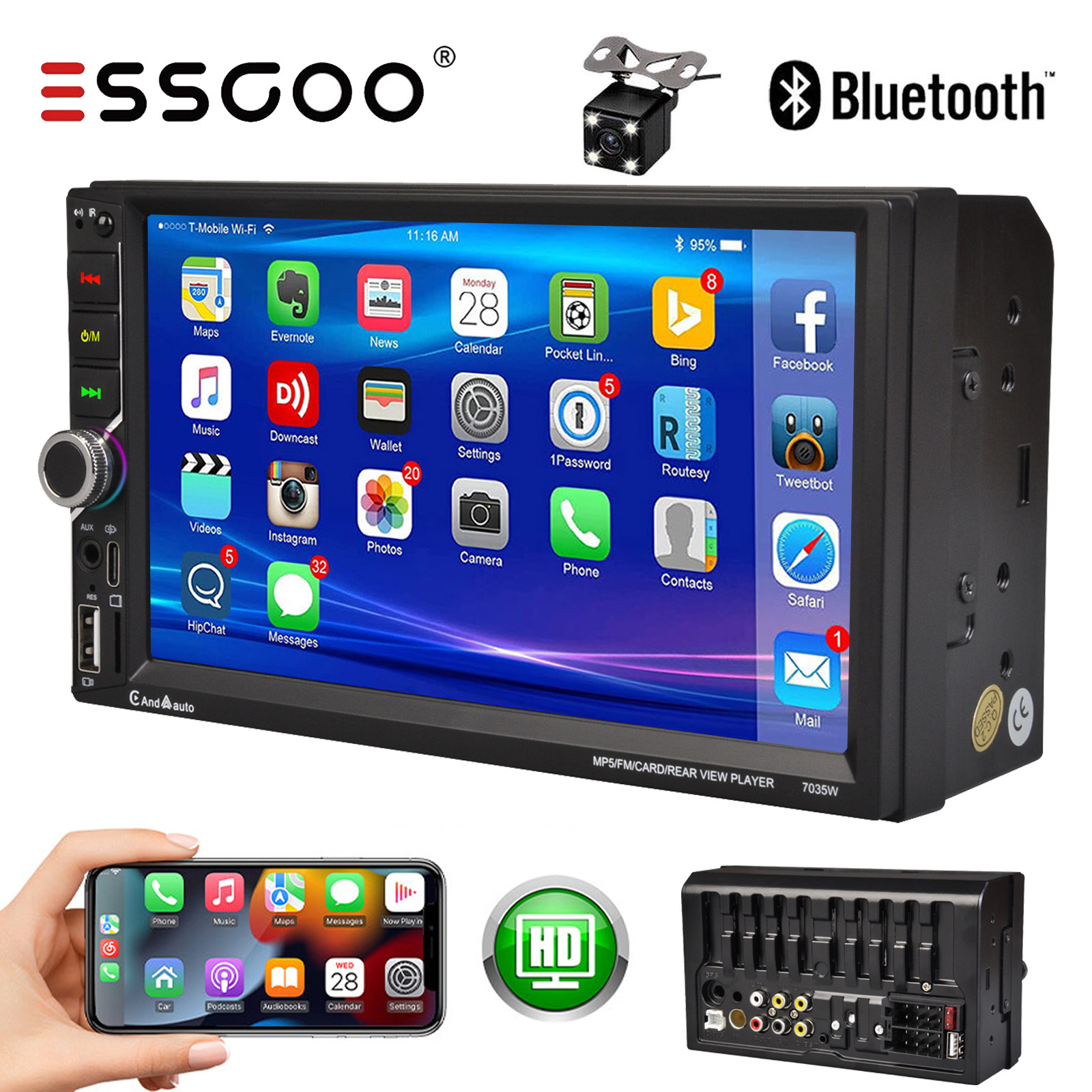 Wireless Apple Carplay Double 2DIN 7-Inch Touch Screen Car Stereo Head Unit +MIC
