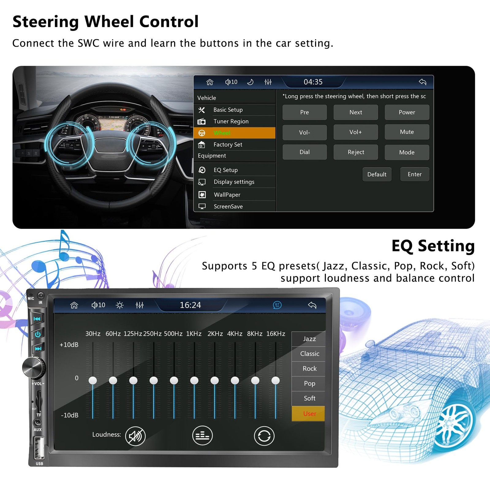 Upgrade Double Din Wireless Carplay, Black Carplay+Android Auto