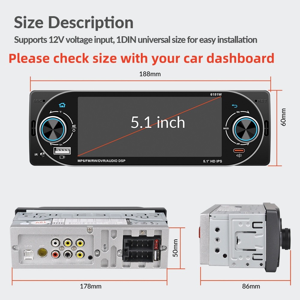 Touch Screen Single 1DIN Car Radio Stereo Player Bluetooth FM/RDS W/8LED Camera