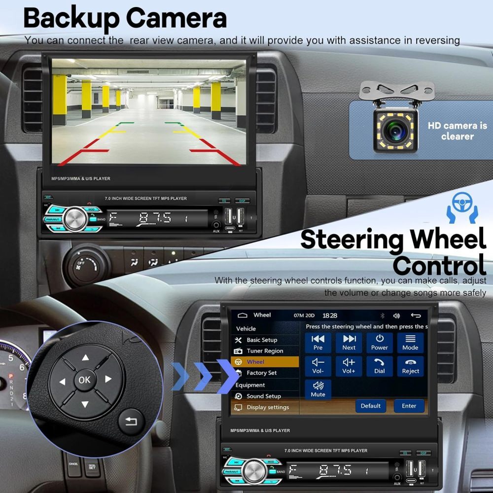 7″ Single 1 DIN Car Radio Stereo Apple Carplay Bluetooth Flip Out Screen USB AUX