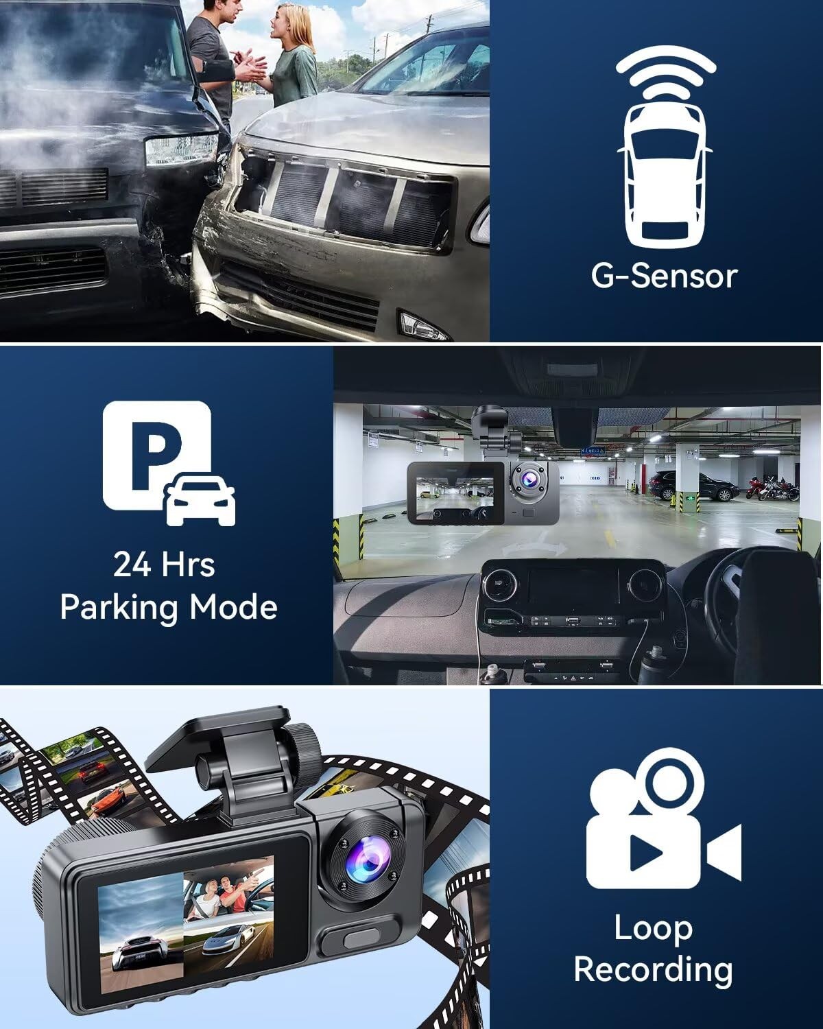 3-Channel 4K Dash Cam Front+Rear+Inside, Built-in 32GB Card, Night Vision