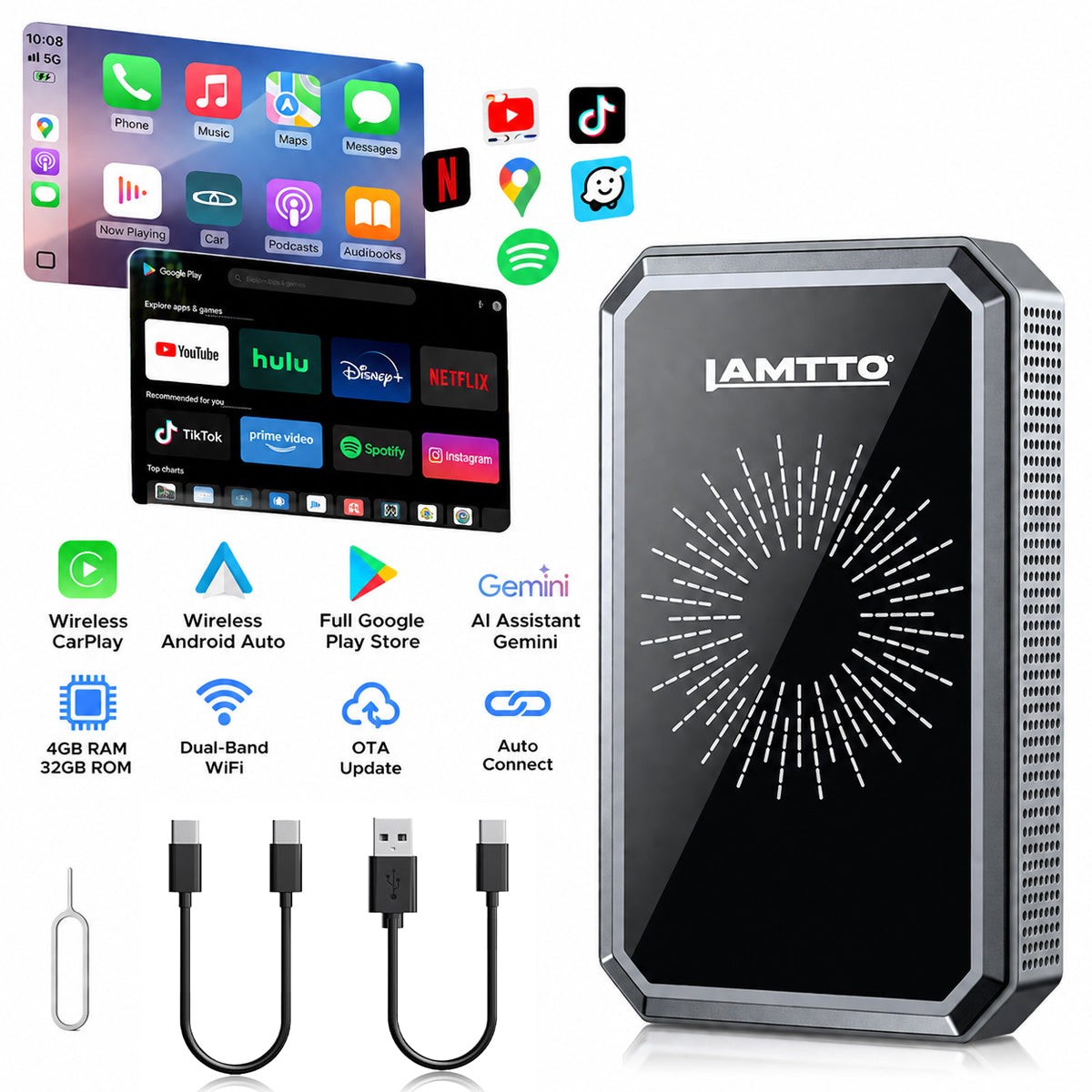 LAMTTO Wireless CarPlay Adapter Car AI Console, with Gemini AI & Apps Download