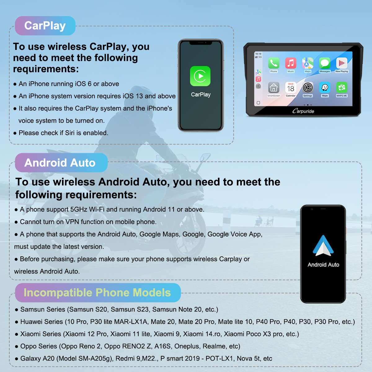 Carpuride W702S Pro Moto TPMS Carplay Screen BM05 Mount Wireless Android Auto BT