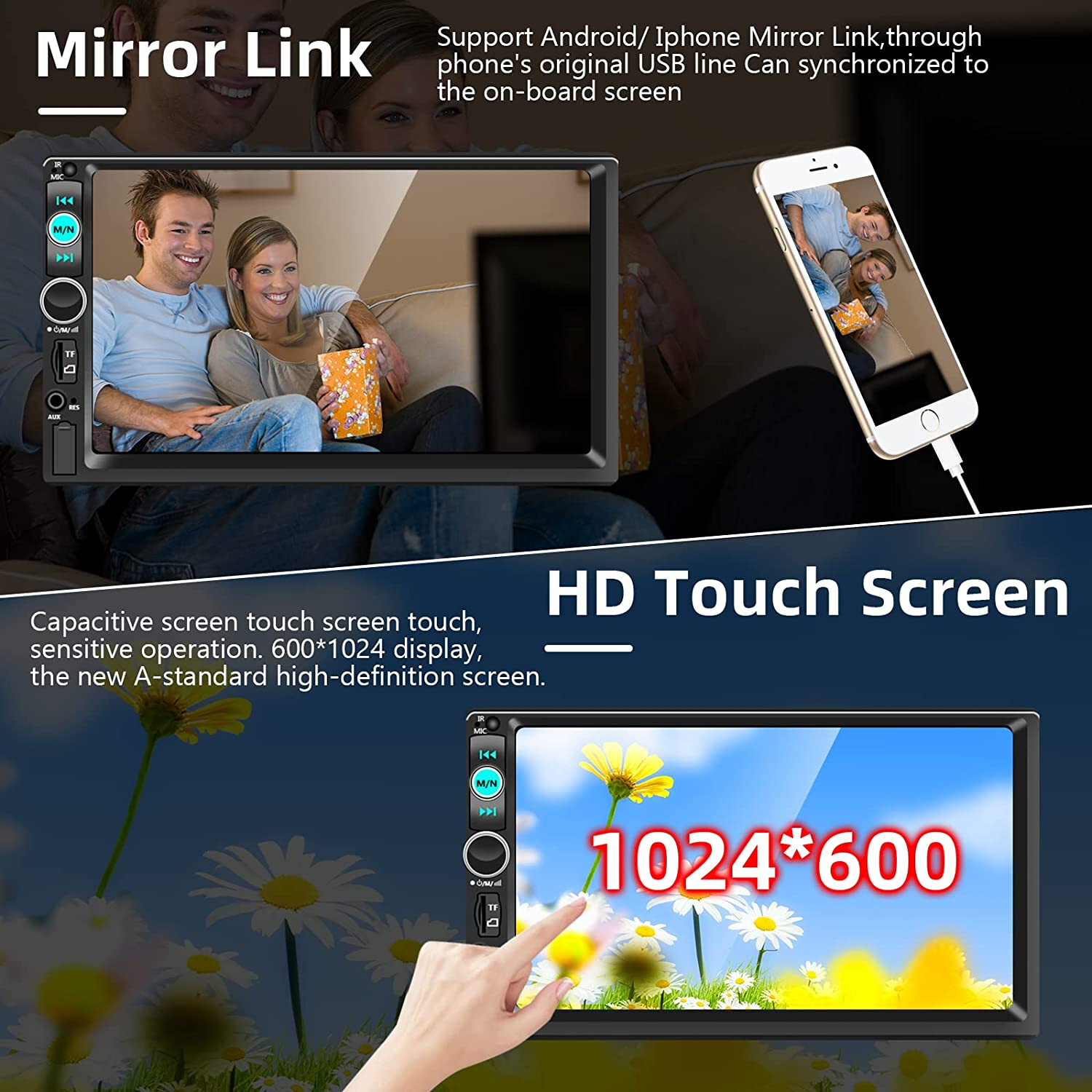 7″ Car Stereo 2DIN Radio Bluetooth Backup Camera Mirror with Car Play