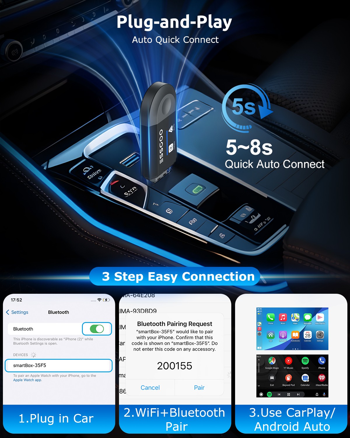 Wireless Carplay Android Auto Adapter USB Car Dongle Connect Box 2 in 1 Mini Box