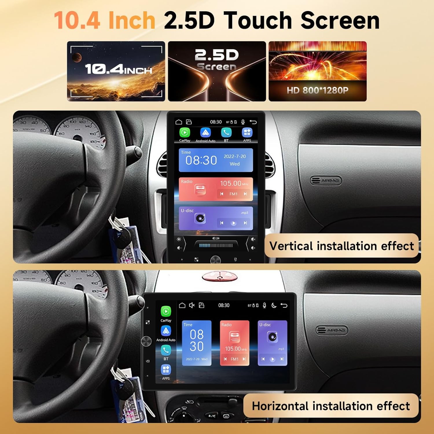 10.4” 1 Din Car Stereo Apple CarPlay Android Auto Rotatable Radio BT USB Cam