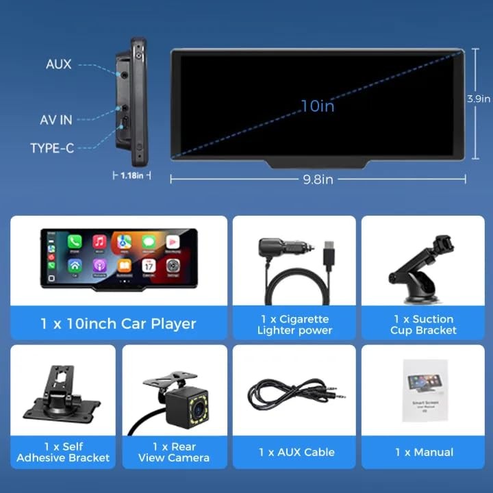 Portable Carplay Screen for Car, 10.26″ Wireless Carplay Car Stereo & Android…