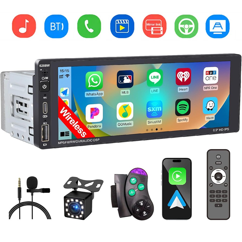 Single Din Car Stereo Wireless Apple CarPlay 6.9 touchscreen Bluetooth Radio USB