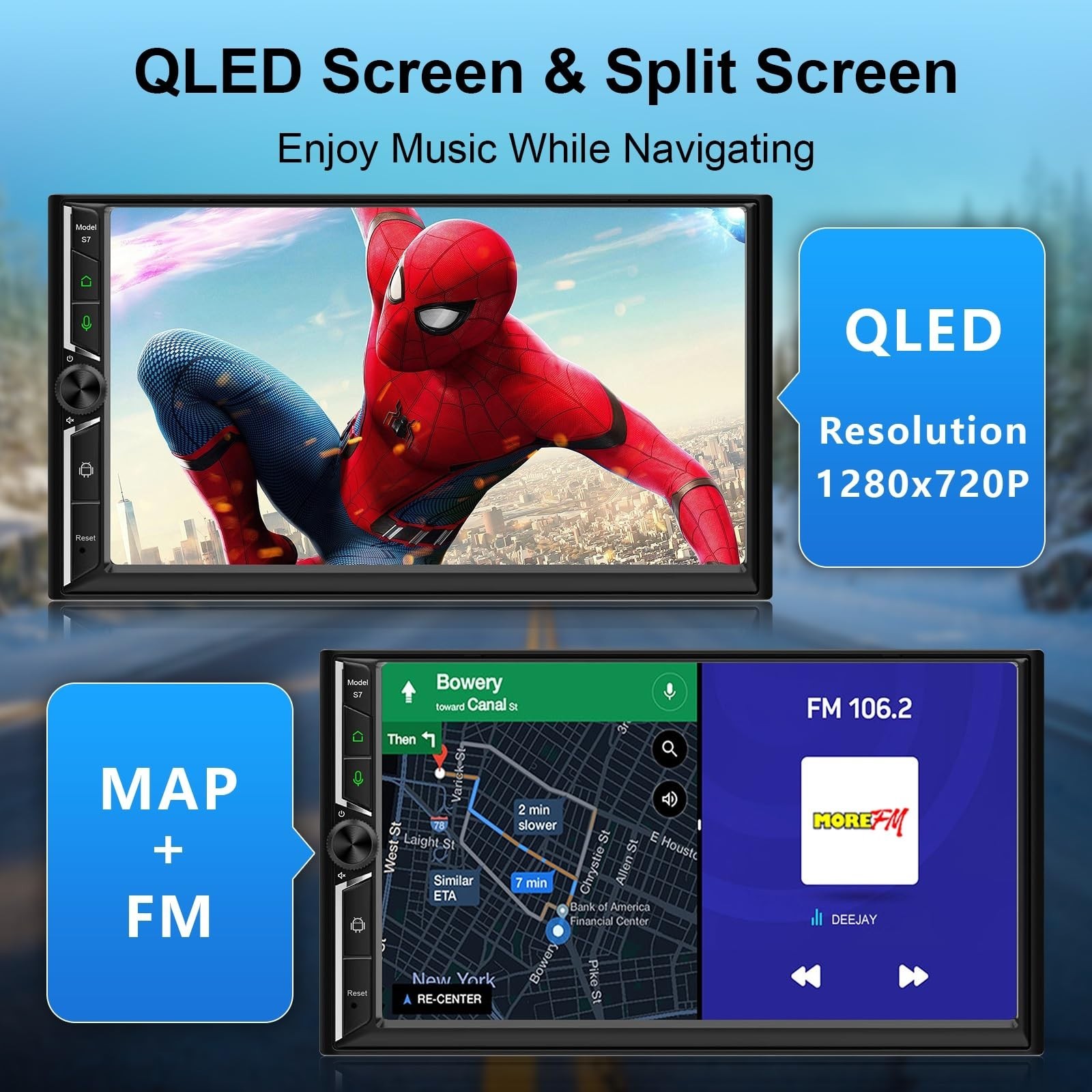 7″ Double Din Car Stereo, Wireless Apple CarPlay & Android Auto, QLED Touchscree