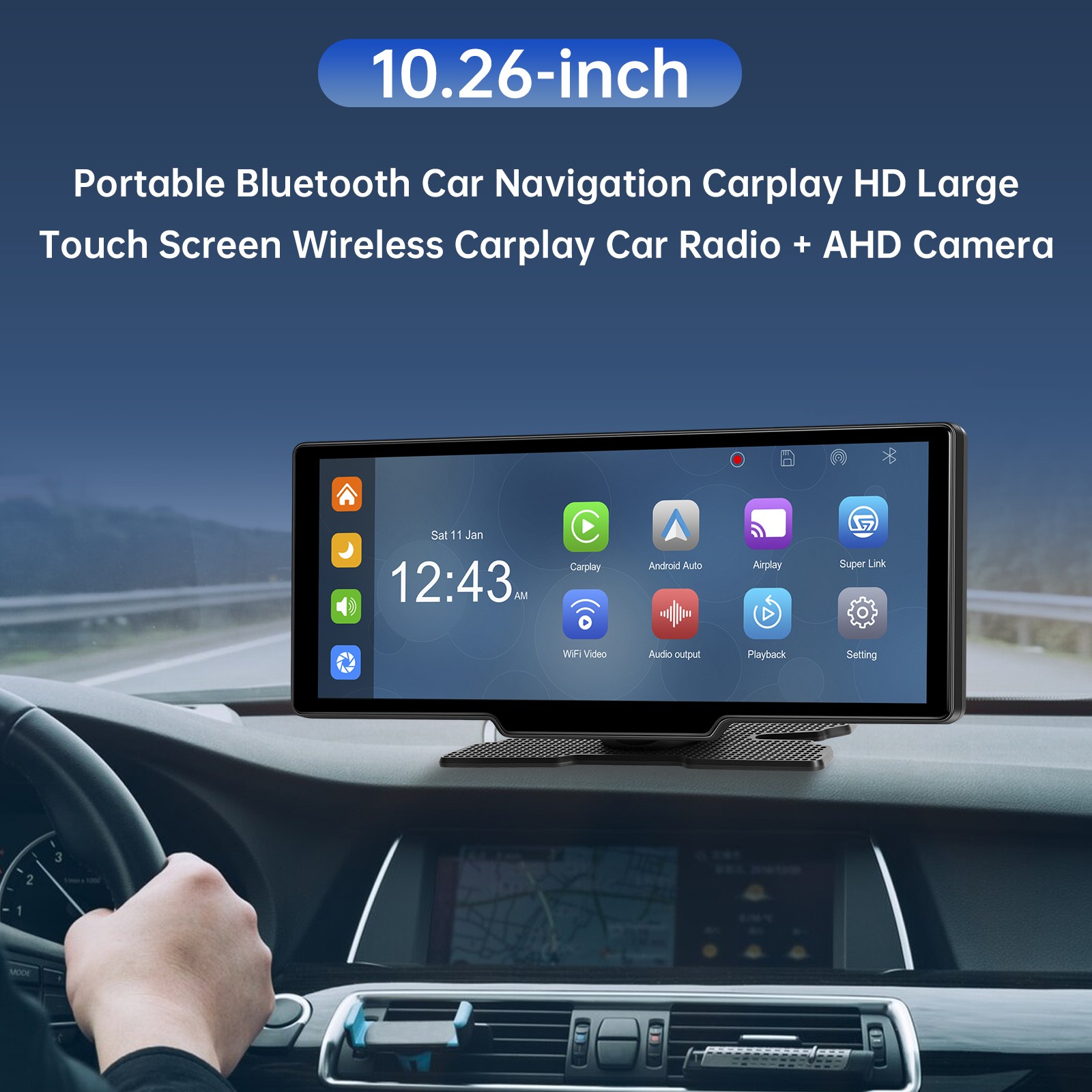 10.26″ Portable Bluetooth Car Navigation Wireless Carplay Car Radio AHD Camera