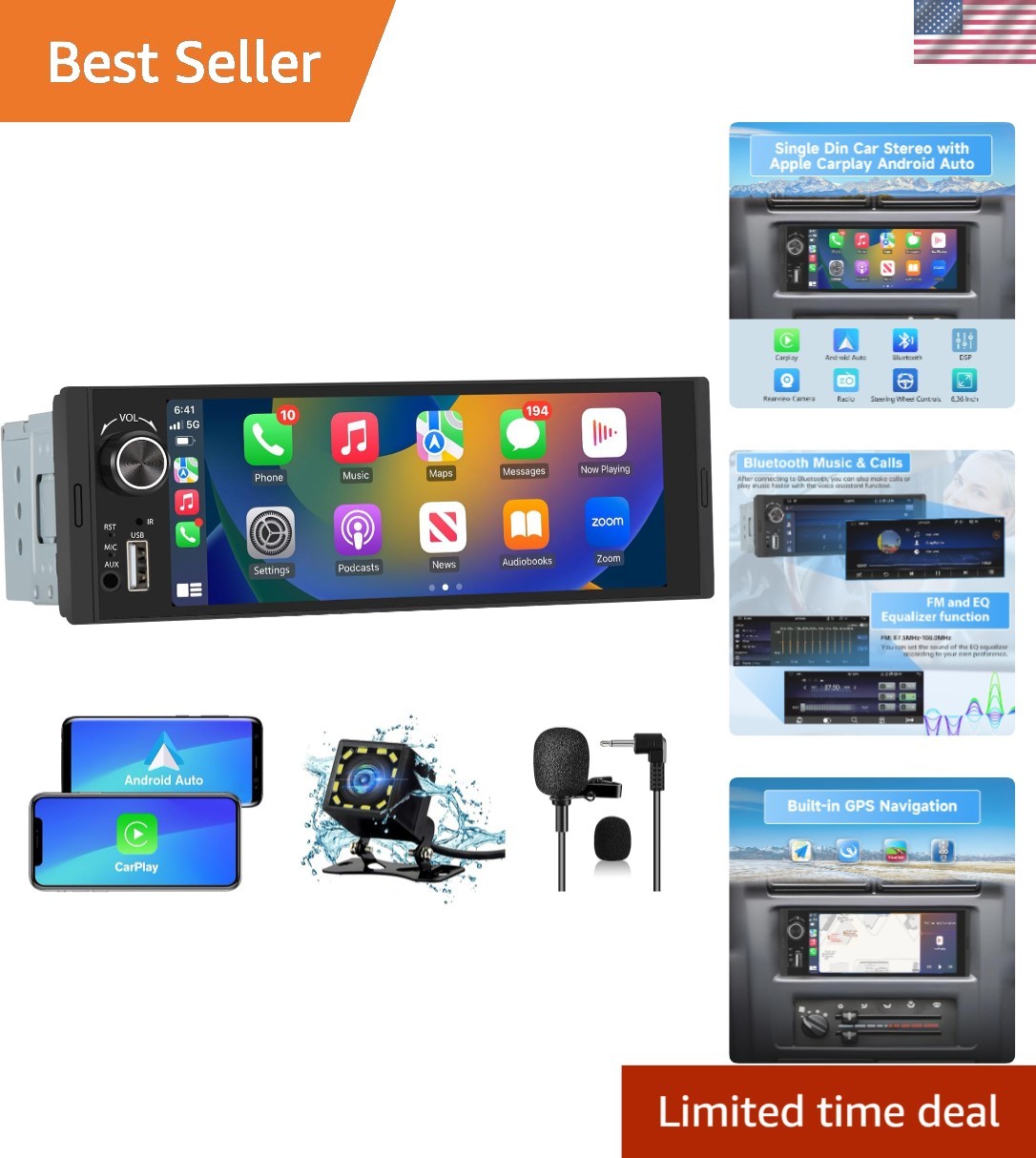 Customizable EQ Single Din Car Stereo with Wireless CarPlay & HD Backup Camera