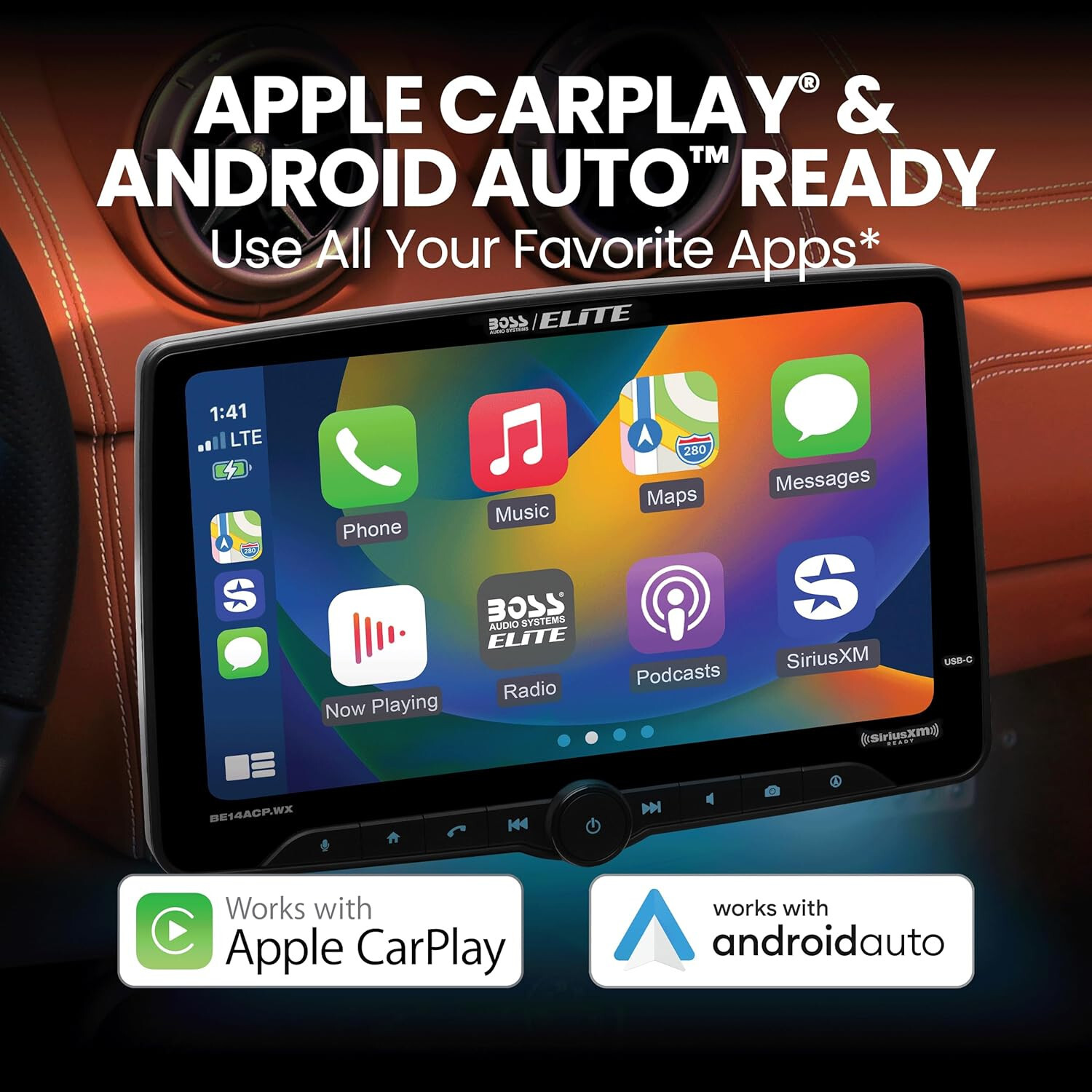 BOSS BE14ACP.WX 1-DIN 14″ Receiver Wireless Apple Carplay/Android Auto SiriusXM