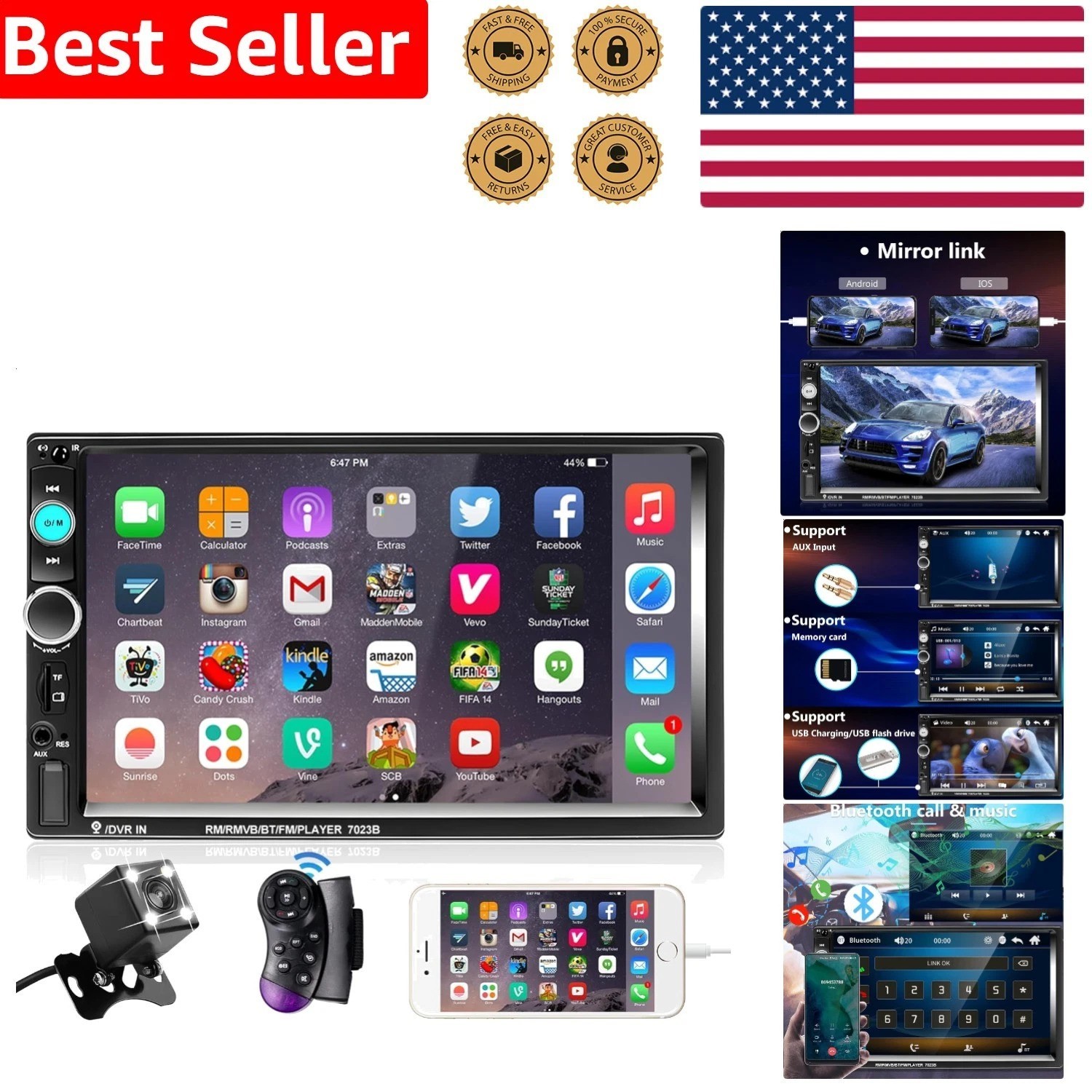 7 Inch Double Din Car Stereo Touchscreen Bluetooth HD Backup Camera Mirror Link
