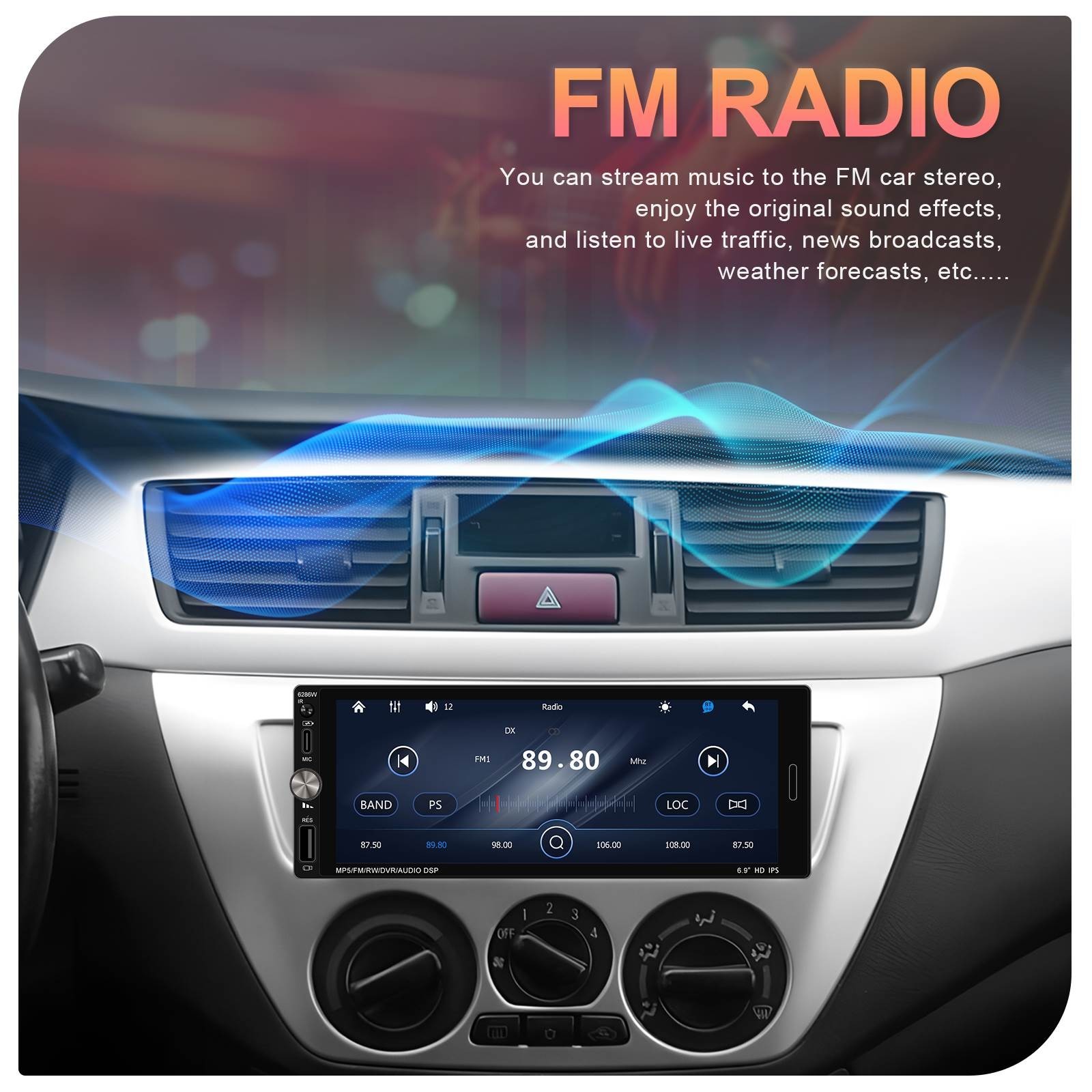 Single 1 Din Car Stereo Wireless CarPlay 6.8″ Touchscreen Bluetooth Radio FM USB
